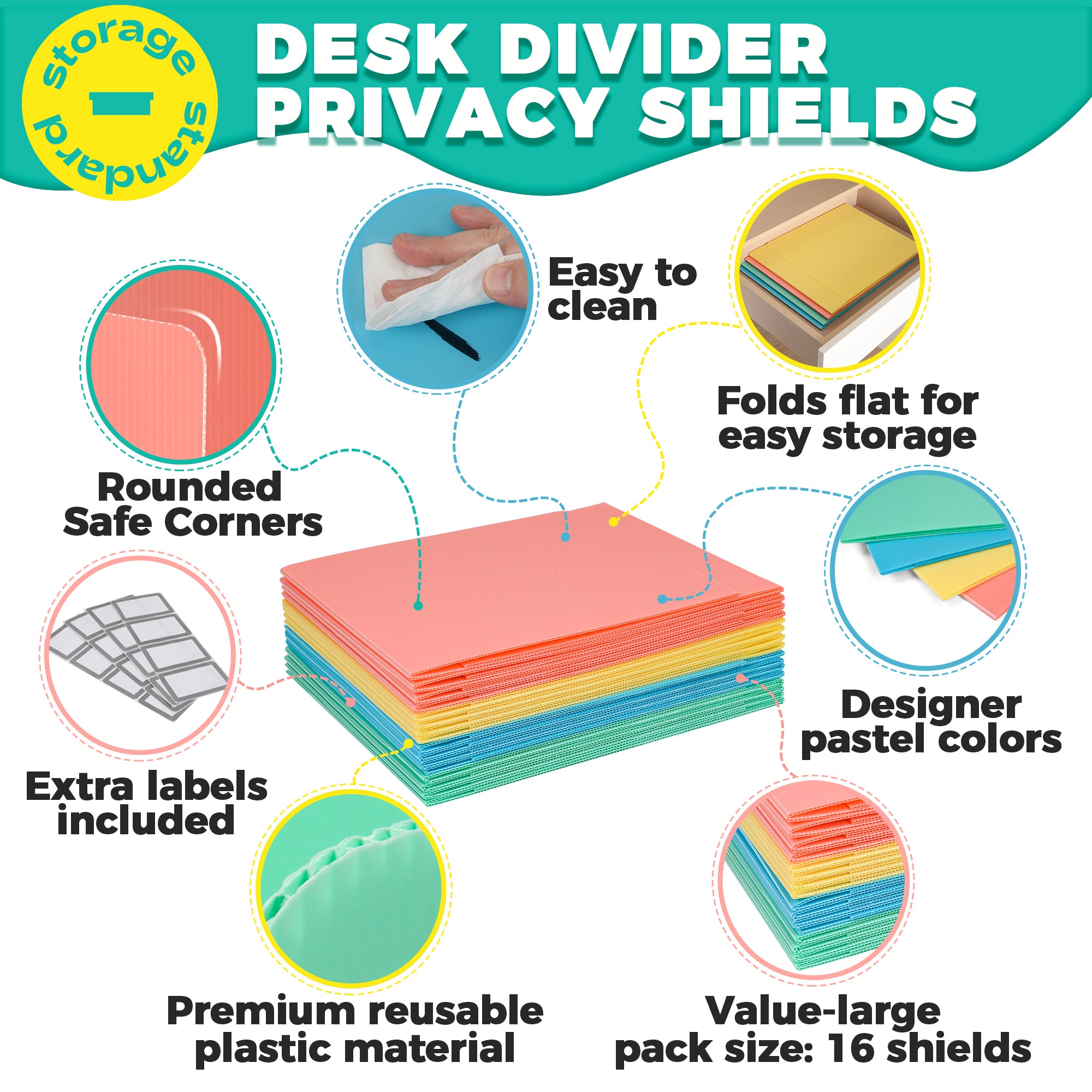 16 Pack Desk Privacy Panel Desk Divider - Designer Pastel Color Privacy Folders for Students - Easy to Clean Strong Plastic Privacy Shield Desk Dividers for Students Classroom Supplies