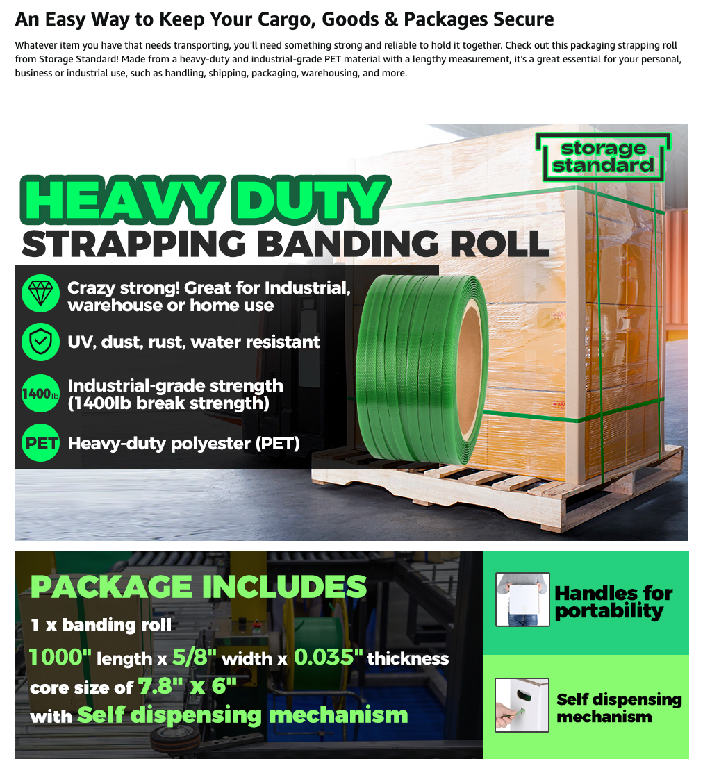 Heavy Duty Packaging Banding Strapping Roll with Dispenser Box 1400 lb Polyester Pallet PET Strap 1000 Ft