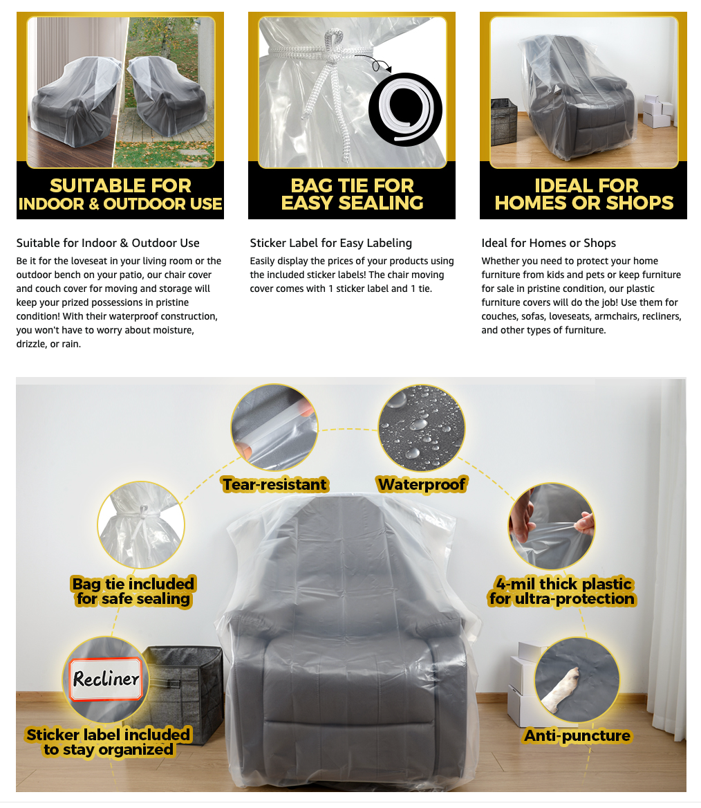 Plastic Furniture Covers for Moving Storage - Heavy-Duty Plastic Chair Cover Protectors, Waterproof & Dustproof Clear Moving Bags for Armchair or Recliner - Extra Large Bag Open Size 64 x 42 x 34 Inch
