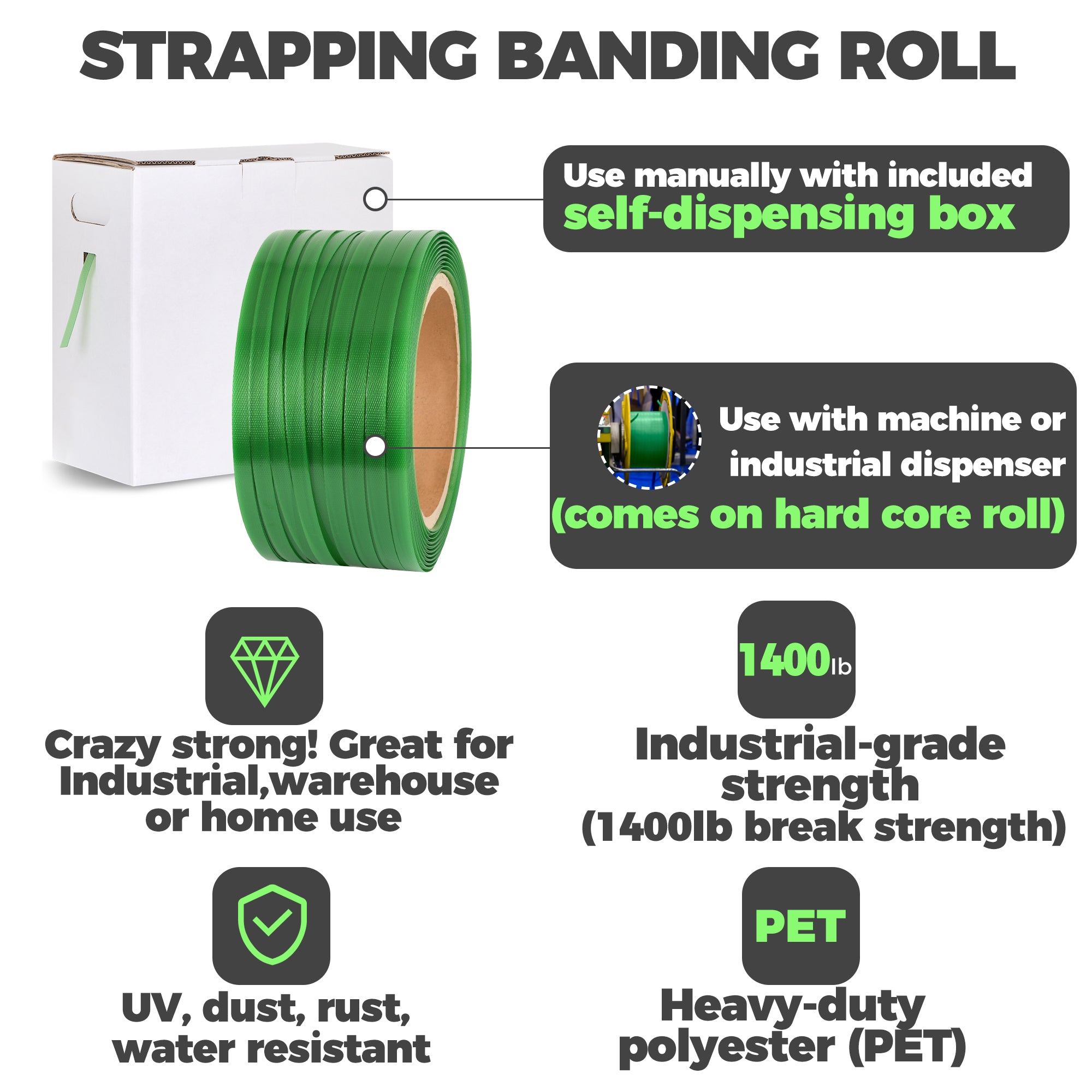 Heavy Duty Packaging Banding Strapping Roll with Dispenser Box 1400 lb Polyester Pallet PET Strap 1000 Ft