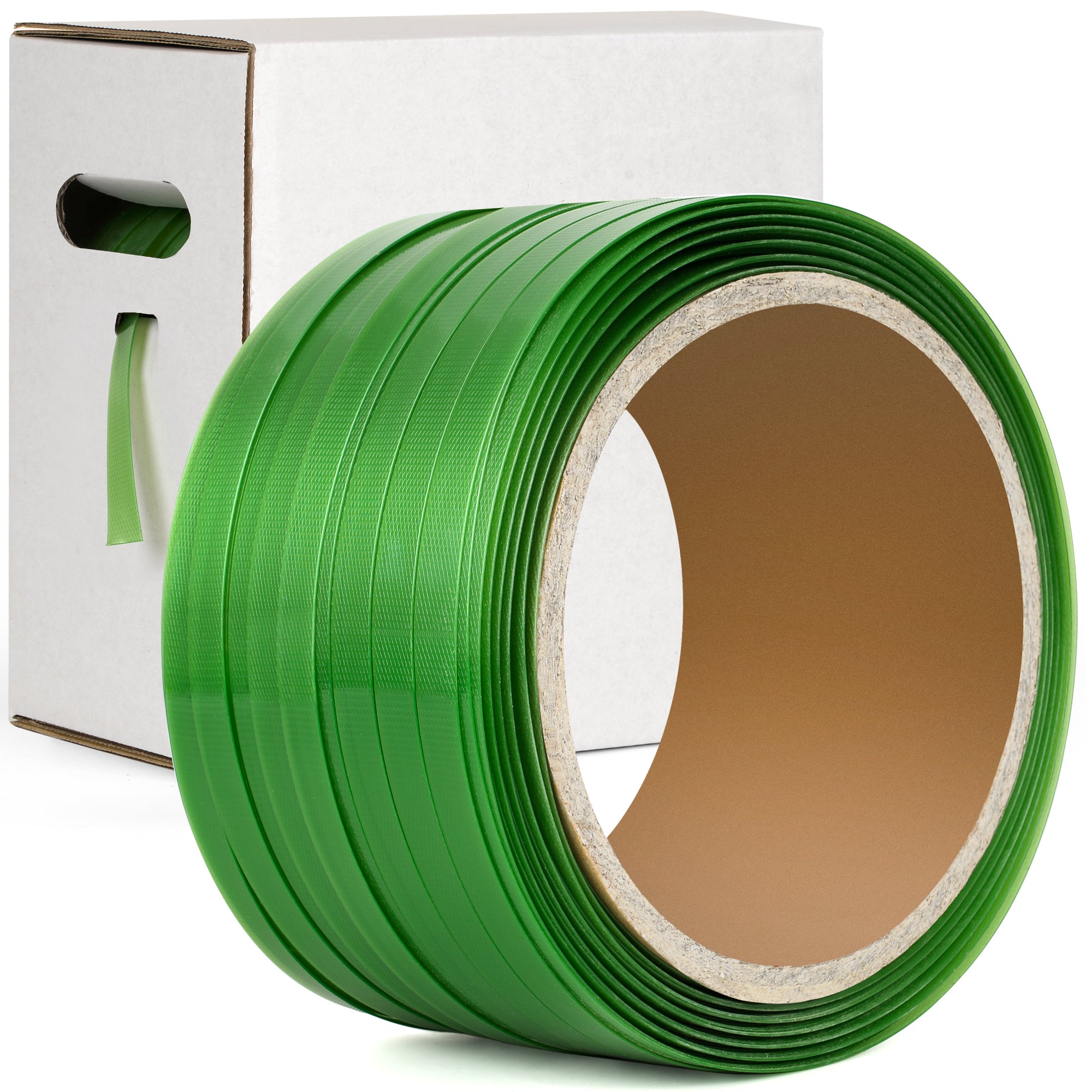 Heavy Duty Strapping Roll for Packaging & Banding - Green Polyester PET Industrial-Grade, 500 ft x 5/8" x 0.035" Pallet Strap Coil - 1400 lbs Break Strength, Rust-Resistant with Self Dispensing Box Kit