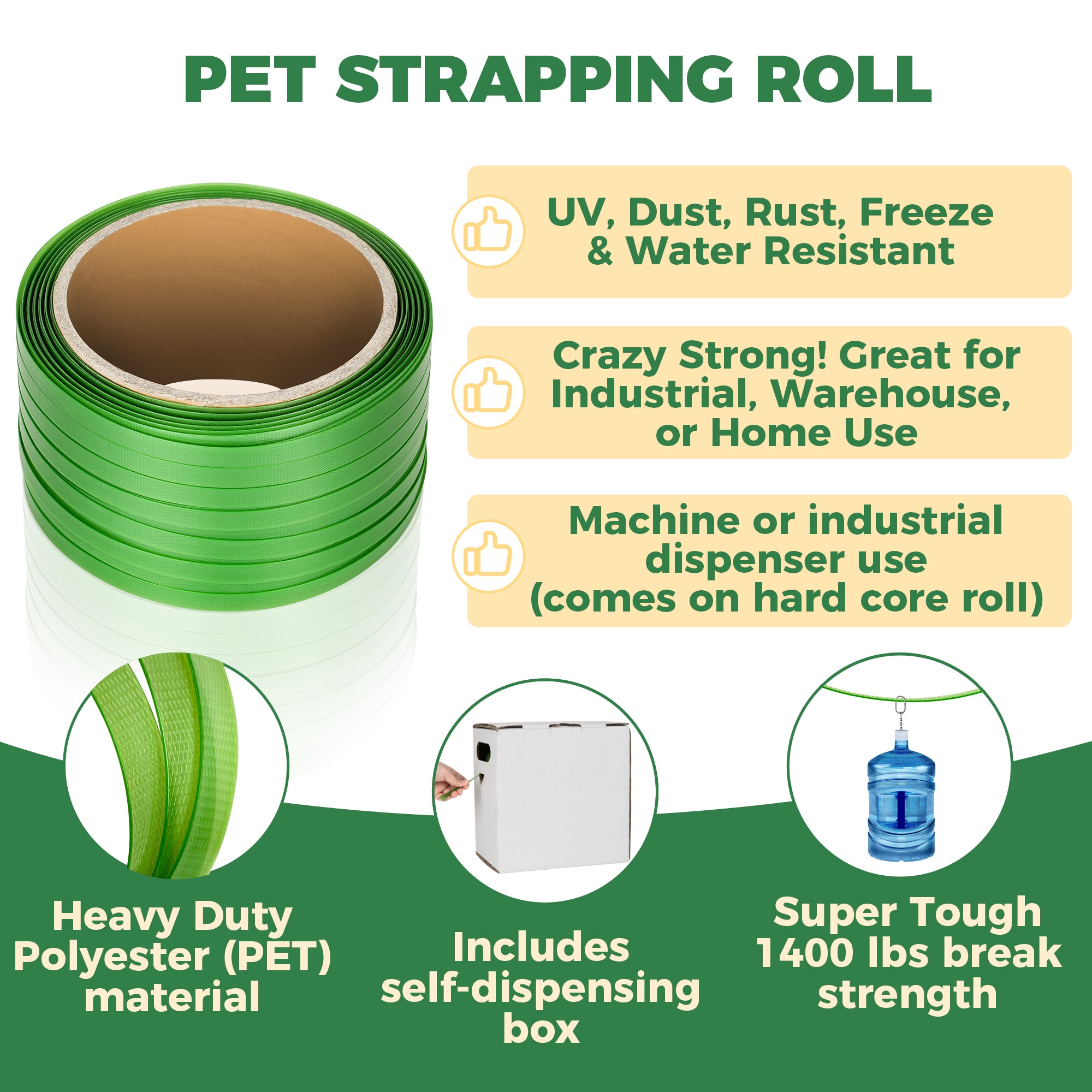 Heavy Duty Strapping Roll for Packaging & Banding - Green Polyester PET Industrial-Grade, 500 ft x 5/8" x 0.035" Pallet Strap Coil - 1400 lbs Break Strength, Rust-Resistant with Self Dispensing Box Kit