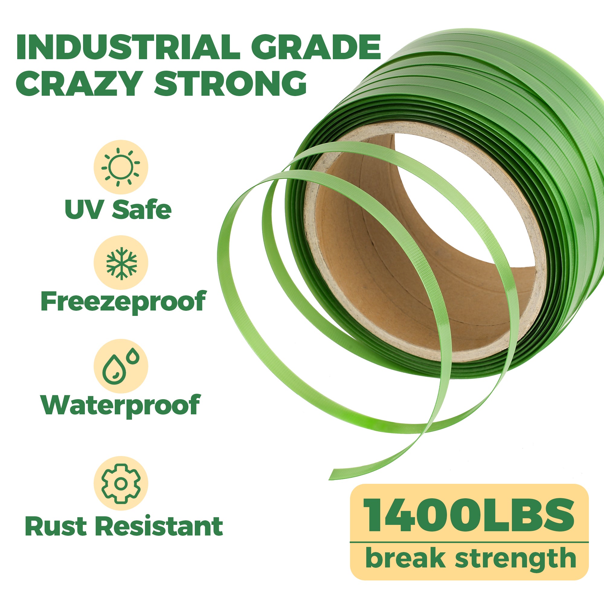Heavy Duty Strapping Roll for Packaging & Banding - Green Polyester PET Industrial-Grade, 500 ft x 5/8" x 0.035" Pallet Strap Coil - 1400 lbs Break Strength, Rust-Resistant with Self Dispensing Box Kit