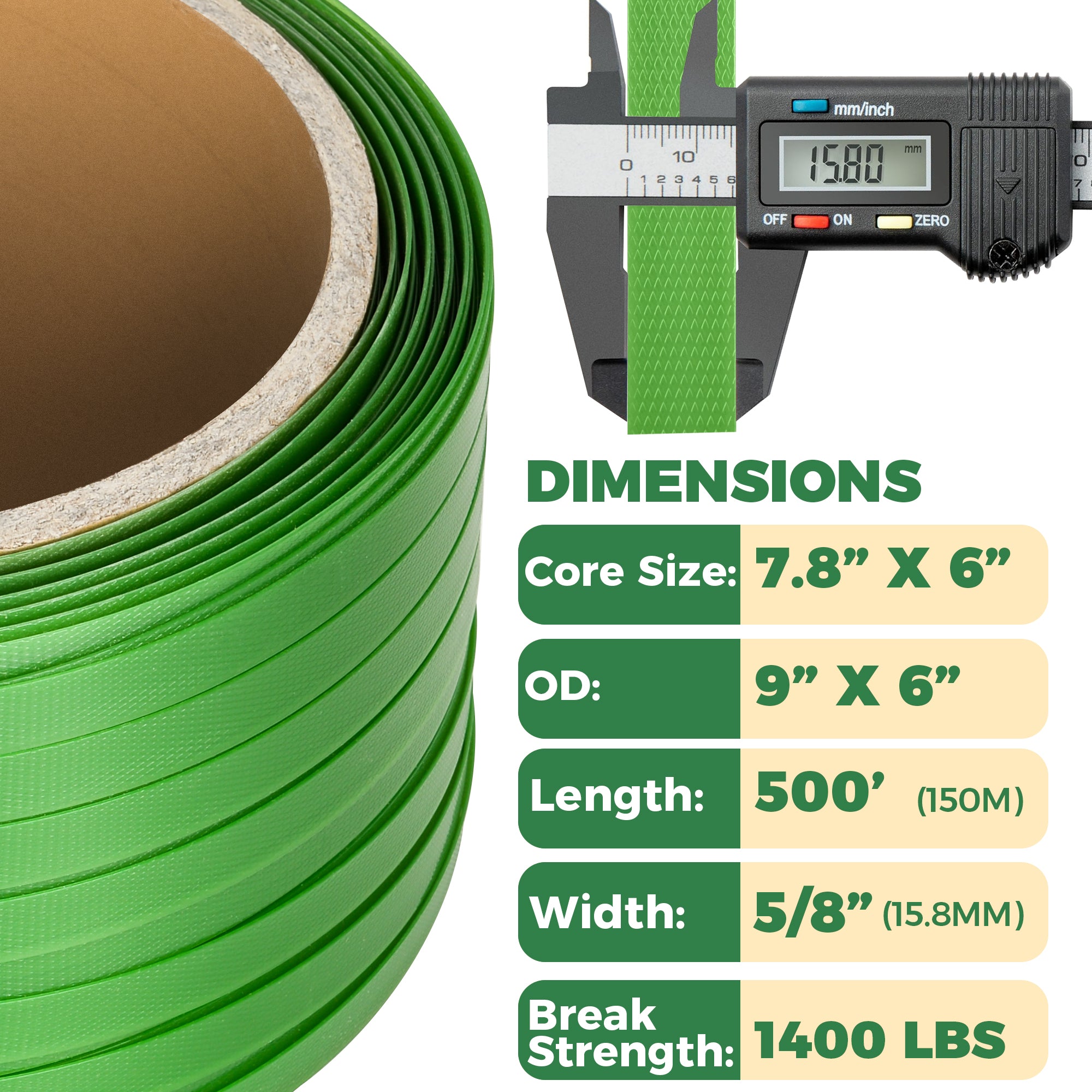 Heavy Duty Strapping Roll for Packaging & Banding - Green Polyester PET Industrial-Grade, 500 ft x 5/8" x 0.035" Pallet Strap Coil - 1400 lbs Break Strength, Rust-Resistant with Self Dispensing Box Kit
