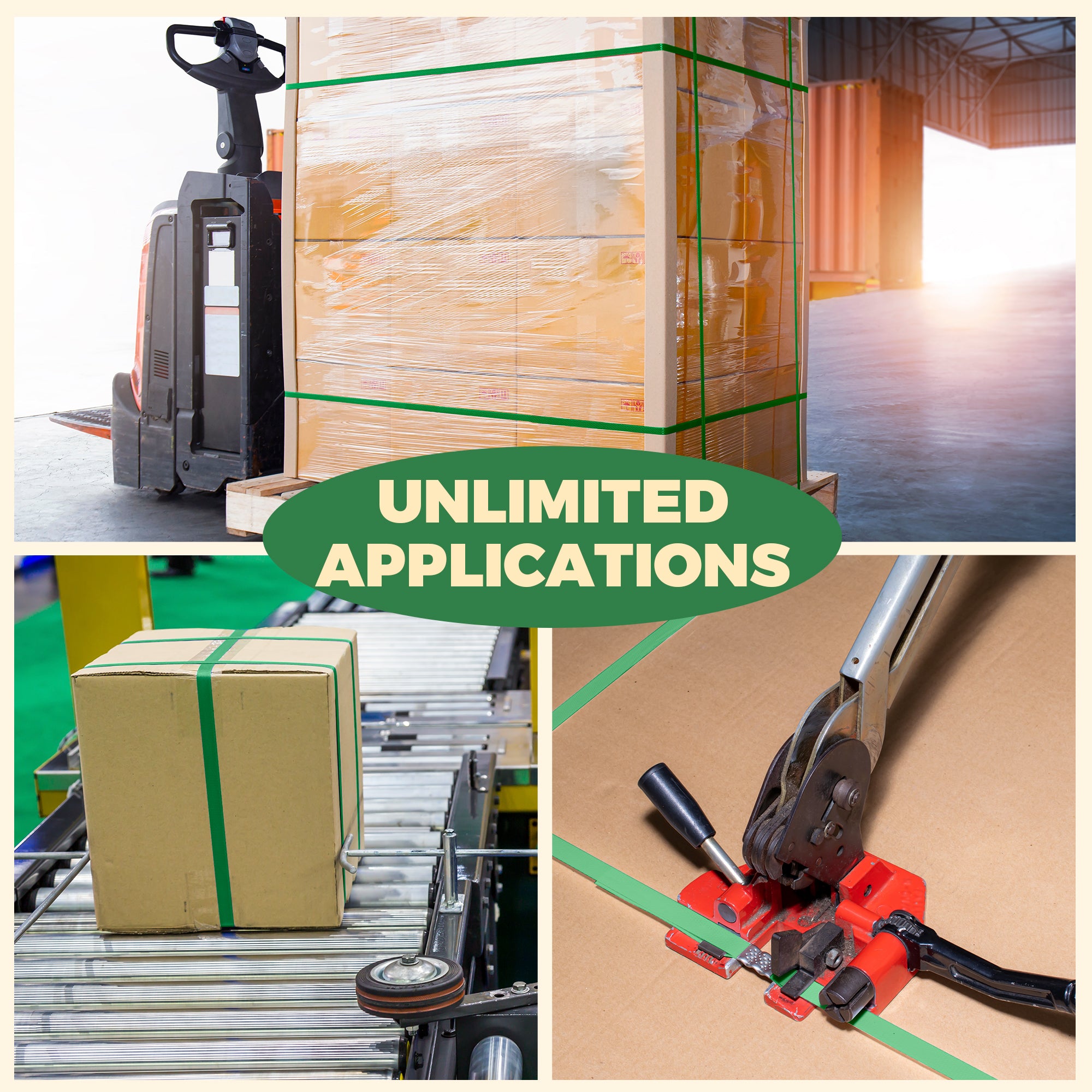Heavy Duty Strapping Roll for Packaging & Banding - Green Polyester PET Industrial-Grade, 500 ft x 5/8" x 0.035" Pallet Strap Coil - 1400 lbs Break Strength, Rust-Resistant with Self Dispensing Box Kit