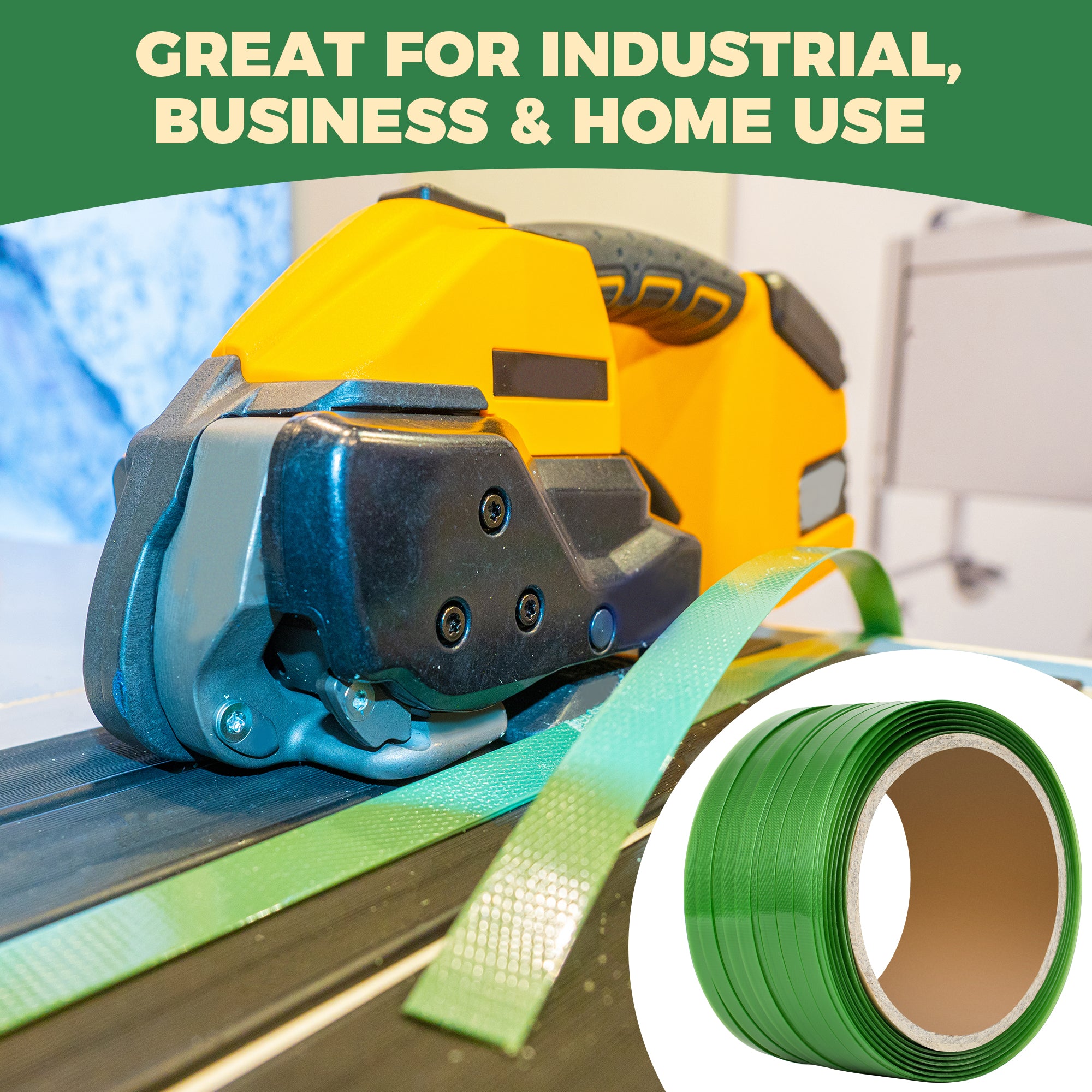 Heavy Duty Strapping Roll for Packaging & Banding - Green Polyester PET Industrial-Grade, 500 ft x 5/8" x 0.035" Pallet Strap Coil - 1400 lbs Break Strength, Rust-Resistant with Self Dispensing Box Kit