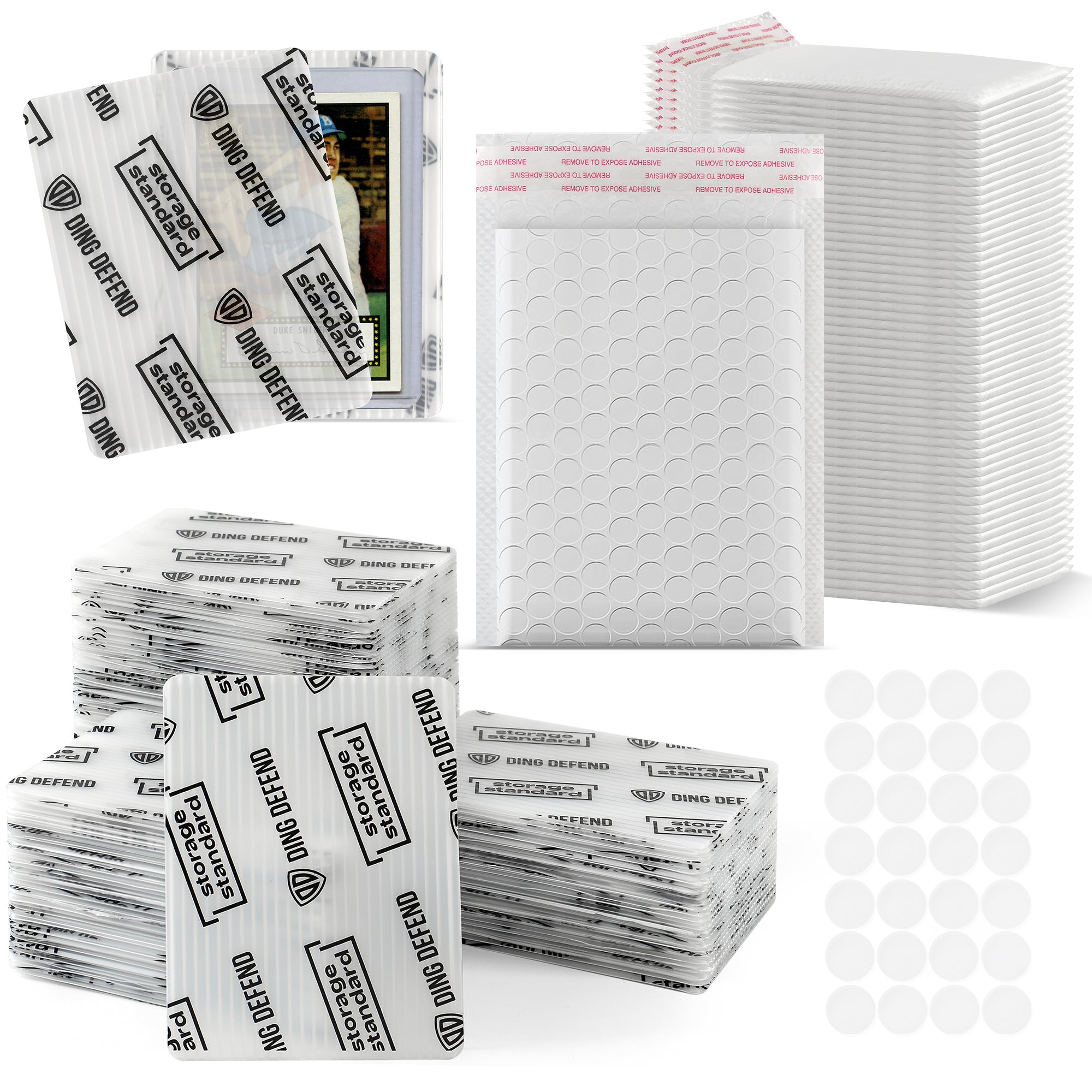 Ding Defend Card Shipping Protector Envelopes Bubble Mailer Kit - With 110 Semi-Transparent Small Padded Envelopes/Protectors (3.5x4.5 Inches), 55 Small Bubble Mailers, 250 Tape Seals for Collectible Cards