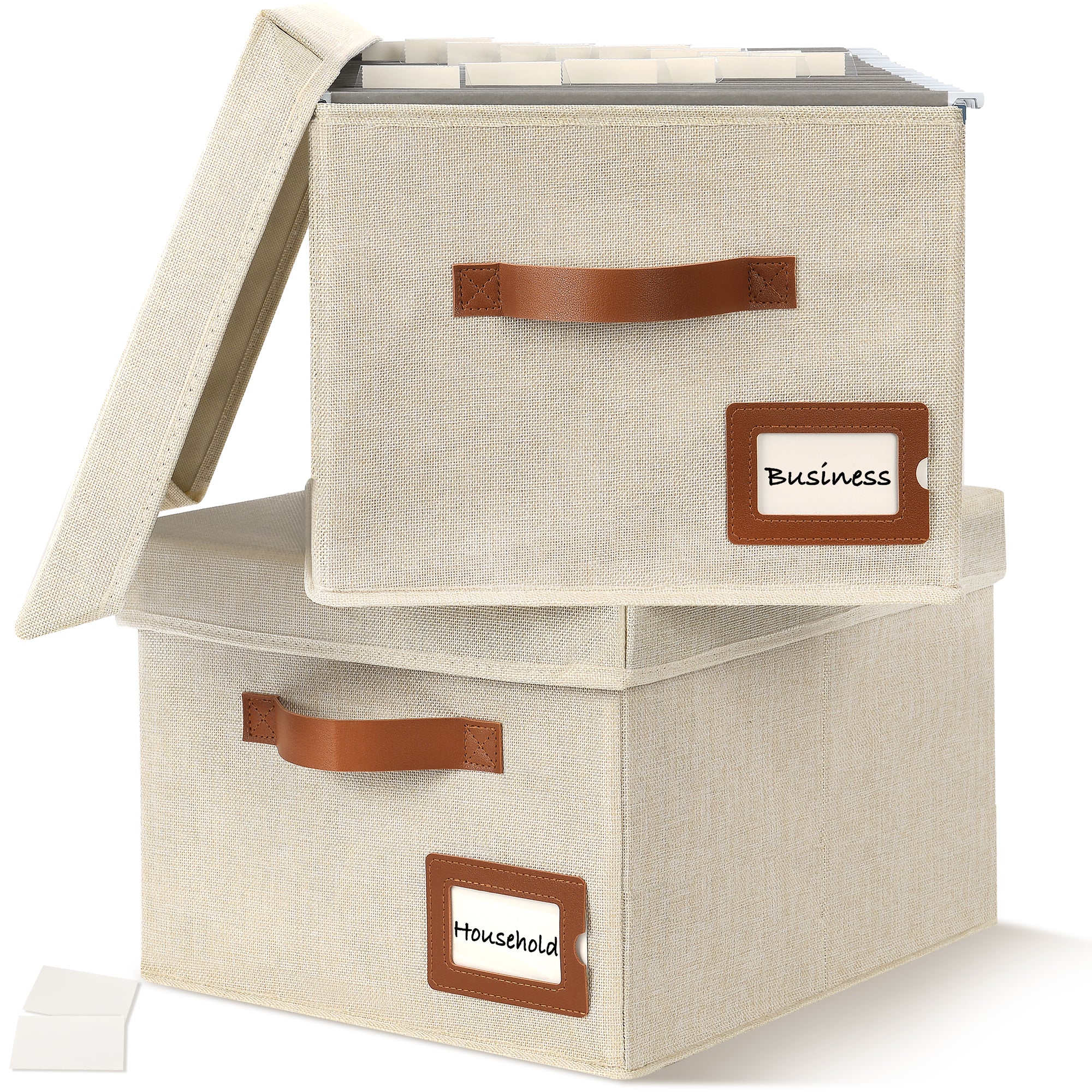 2-Pack File Organizer Box with Lid - Collapsible Hanging Linen Document Organizer Portable File Boxes, Lightweight & Portable Filing Box Crates with Handles & Extras, Ivory