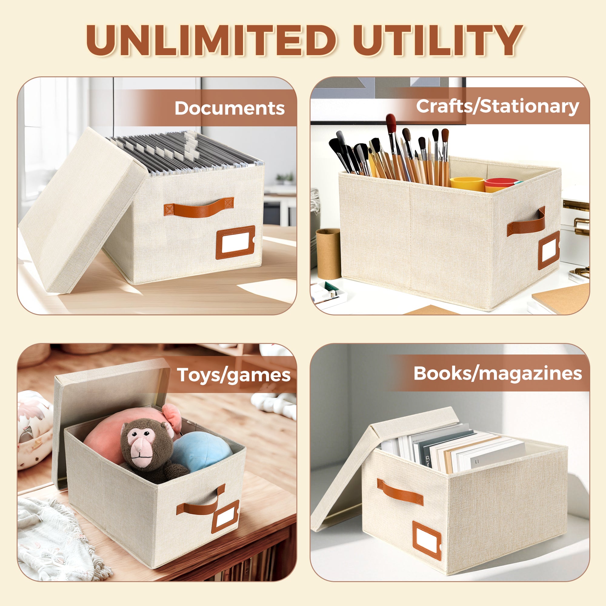 2-Pack File Organizer Box with Lid - Collapsible Hanging Linen Document Organizer Portable File Boxes, Lightweight & Portable Filing Box Crates with Handles & Extras, Ivory
