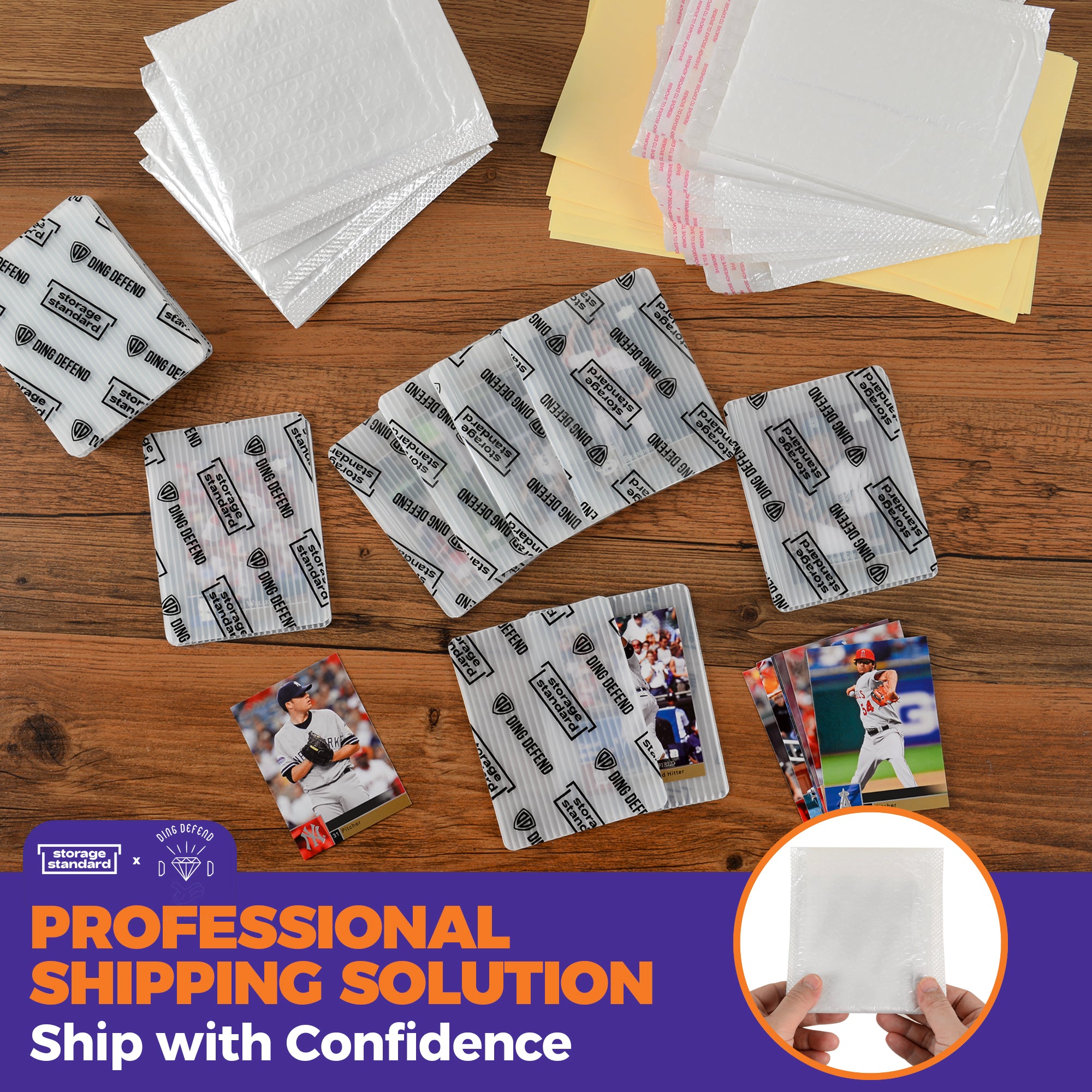 Ding Defend Card Shipping Protector Envelopes Bubble Mailer Kit - With 110 Semi-Transparent Small Padded Envelopes/Protectors (3.5x4.5 Inches), 55 Small Bubble Mailers, 250 Tape Seals for Collectible Cards