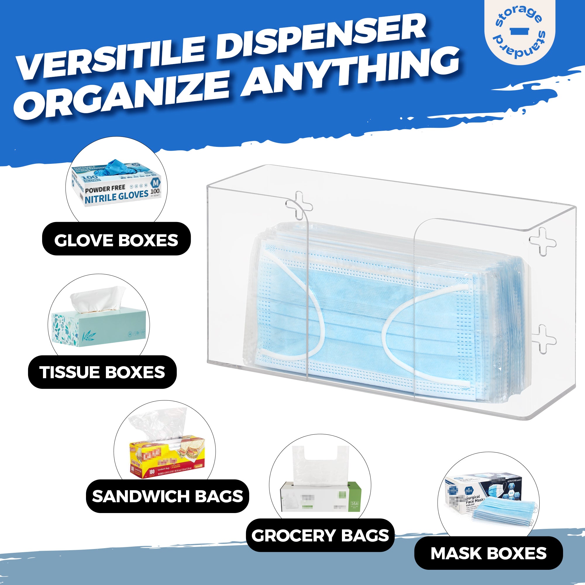 Storage Standard Glove Box Holder Dispenser - Kitchen, Medical, & Latex Glove Holder Wall Mount or Countertop, Universal Fit - Thick Acrylic, Easy to Use, Slide, & Load Open Top Design - Clear