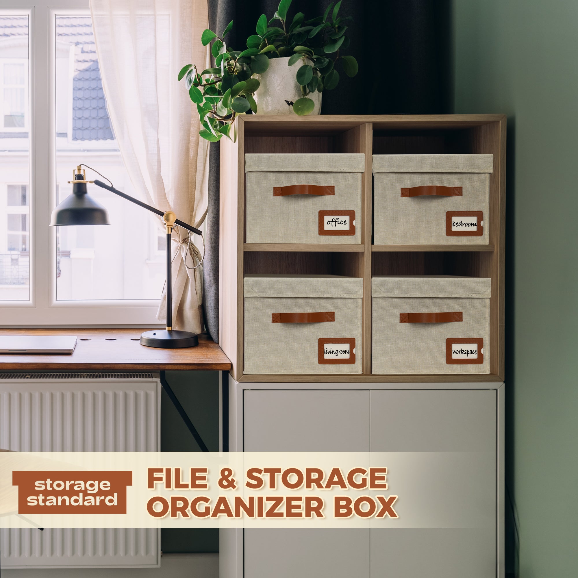 2-Pack File Organizer Box with Lid - Collapsible Hanging Linen Document Organizer Portable File Boxes, Lightweight & Portable Filing Box Crates with Handles & Extras, Ivory