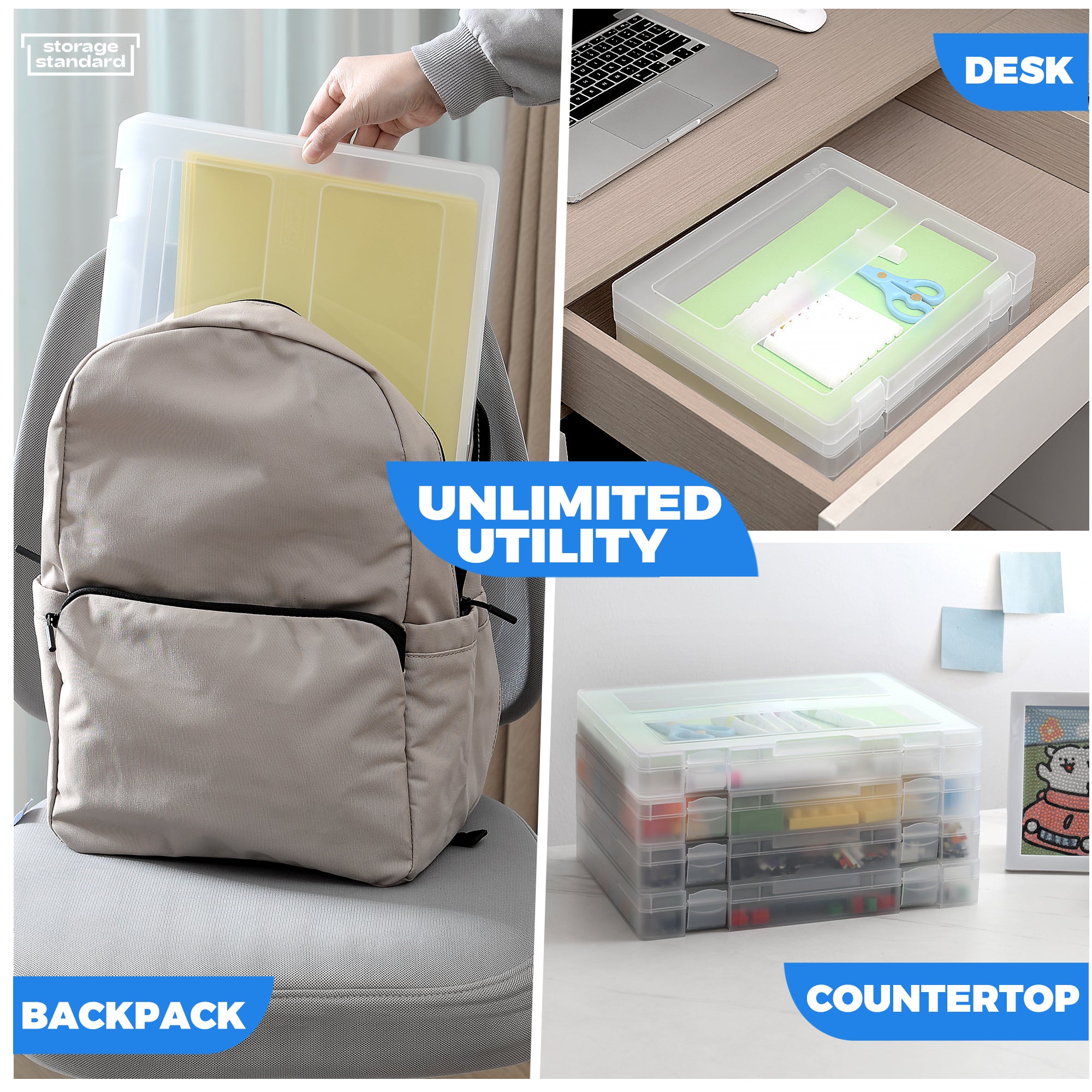 4-Pack Art and Craft Organizers and Storage Case - Semi Transparent Stackable Plastic Craft Storage Containers, Project Organizer Box Paper Organizer Custom Size Fits 8.5 x 11 Inch Papers & More, 12.4 x 10.8 x 1.7 Inches