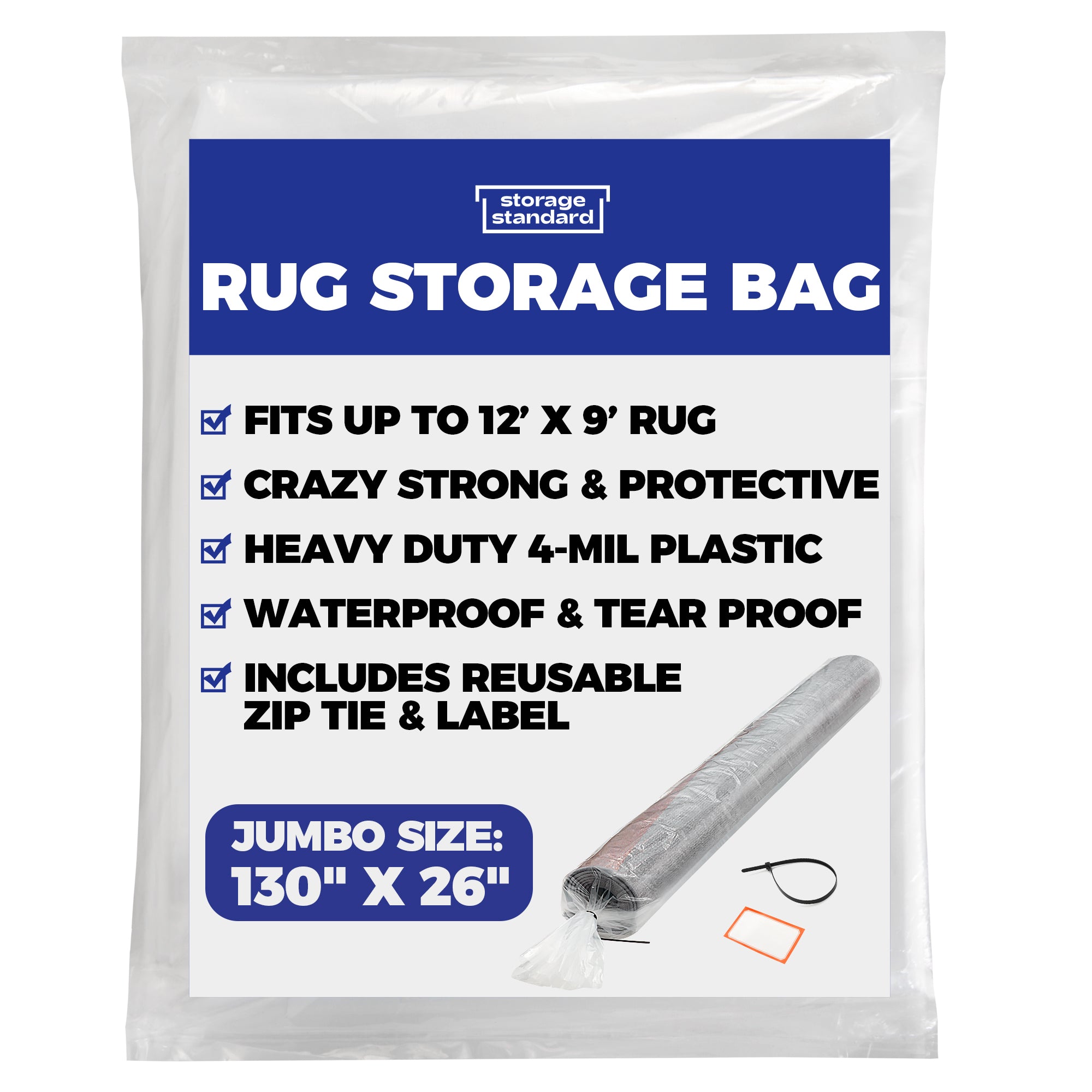 Heavy Duty Rug Storage Bag - Reusable Rug Shipping Bag, Waterproof Plastic Rug Cover - Fits Rolled Carpet Up to 9 Feet x 12 Feet, 4 Mil Thick Tear Proof Plastic Storage Bag - 1 Clear Bag, 130 Inches x 26 Inches