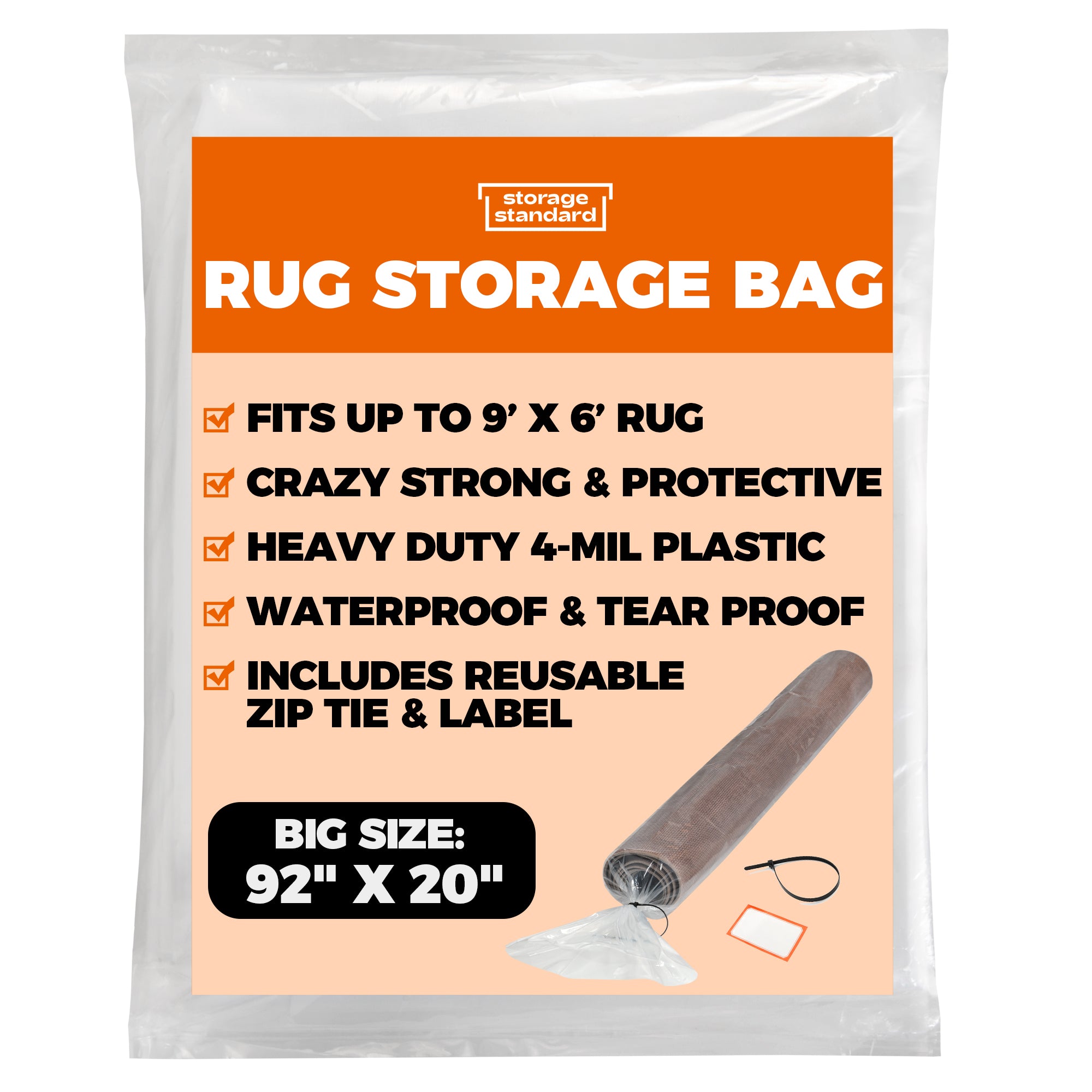 Heavy Duty Rug Storage Bag - Reusable Rug Shipping Bag, Waterproof Plastic Rug Cover - Fits Rolled Carpet Up to 6 Feet x 9 Feet, 4 Mil Thick Tear Proof Plastic Storage Bag - 1 Clear Bag, 92 Inches x 20 Inches