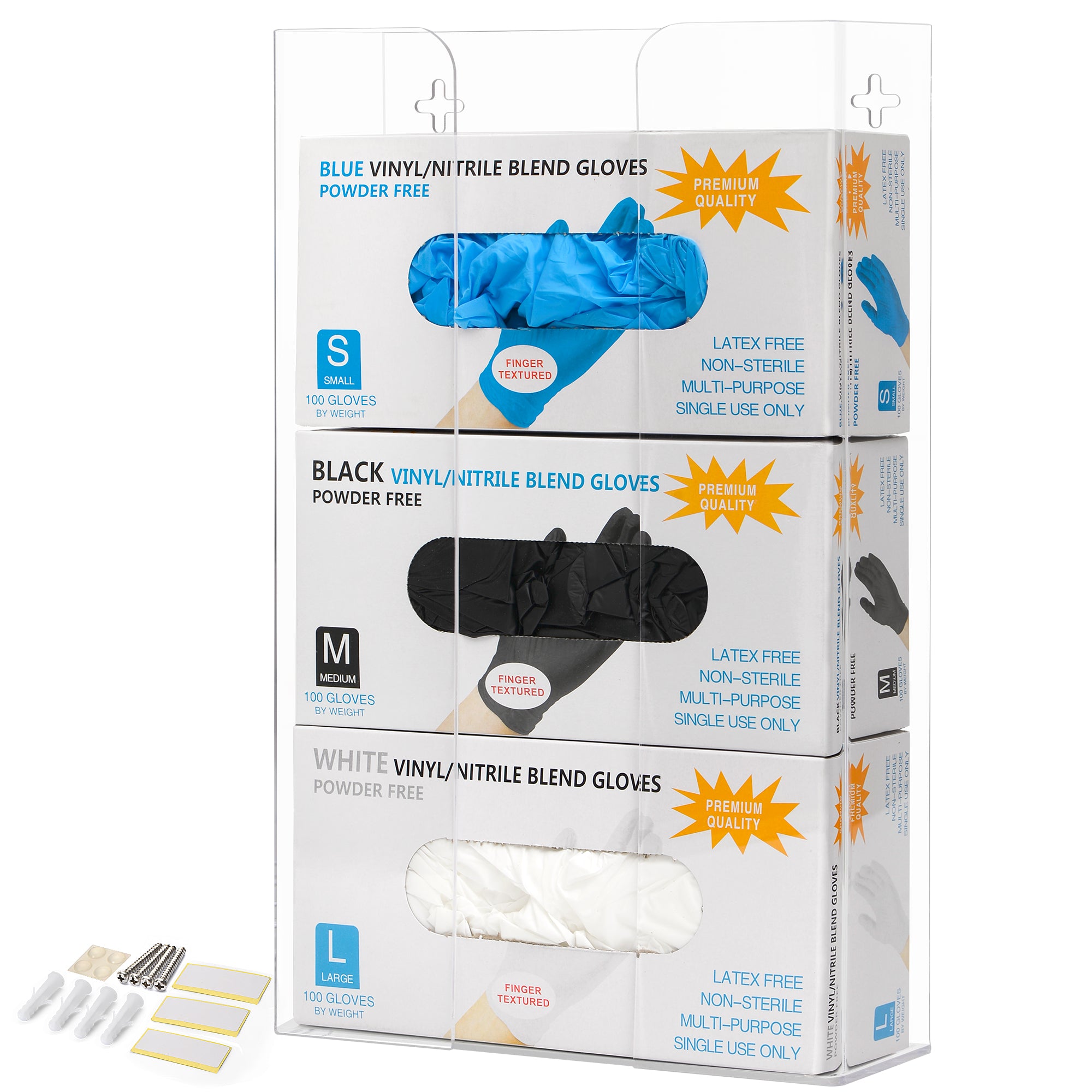 Storage Standard Triple Glove Box Holder Dispenser - Kitchen, Medical, & Latex Glove Holder Wall Mount or Countertop, Universal Fit - Thick Acrylic, Easy to Use, Slide, & Load Open Top Design - Clear