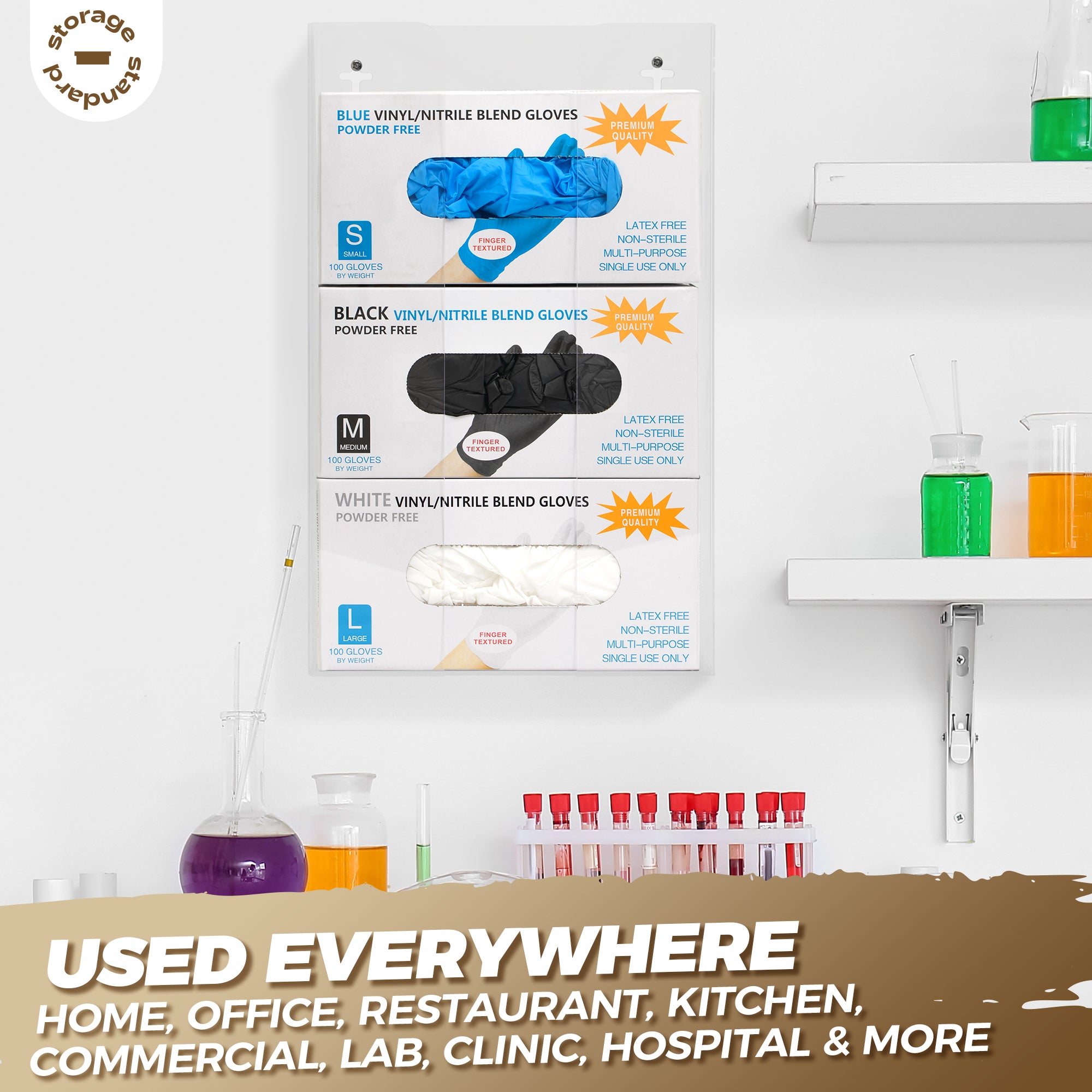 Storage Standard Triple Glove Box Holder Dispenser - Kitchen, Medical, & Latex Glove Holder Wall Mount or Countertop, Universal Fit - Thick Acrylic, Easy to Use, Slide, & Load Open Top Design - Clear