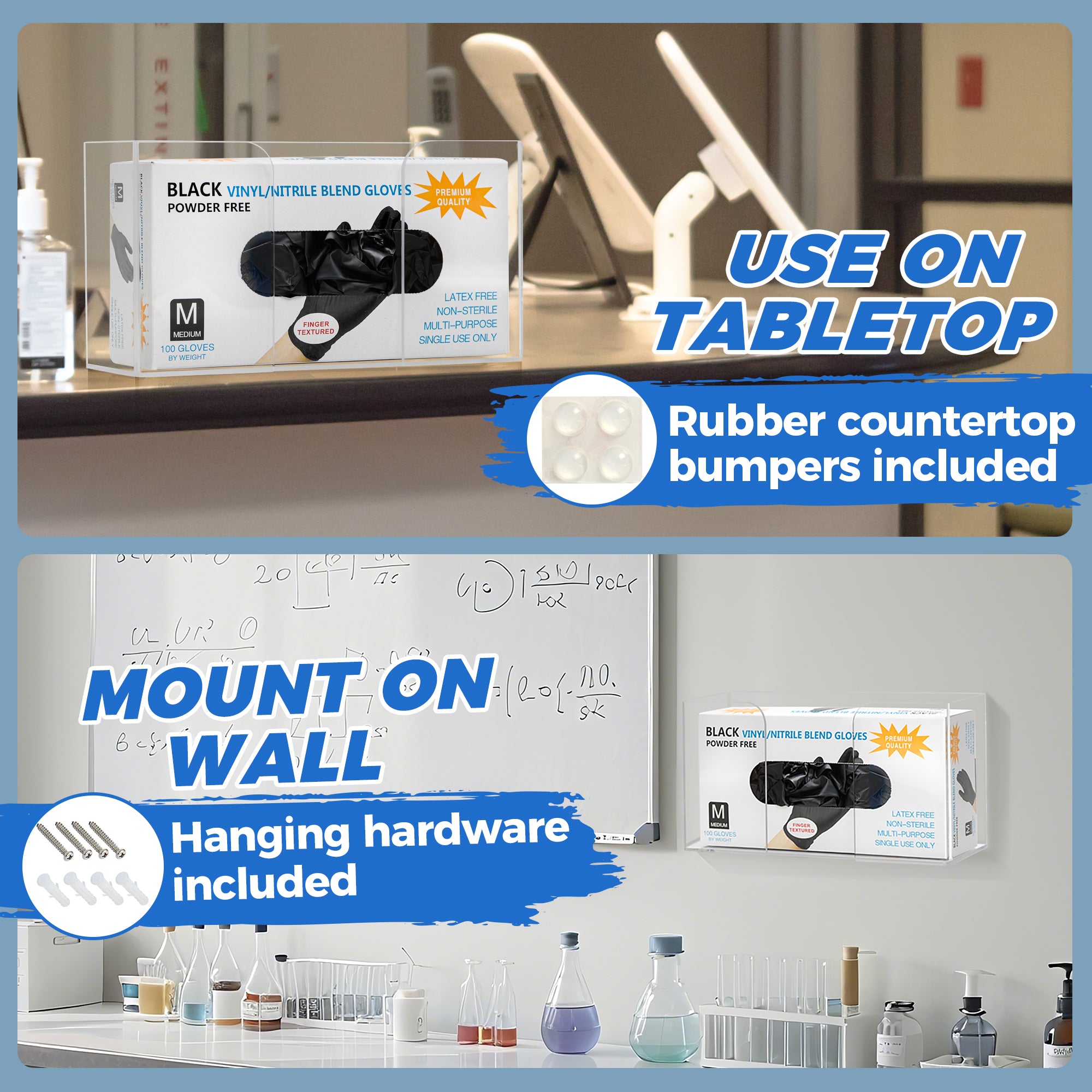 Storage Standard Glove Box Holder Dispenser - Kitchen, Medical, & Latex Glove Holder Wall Mount or Countertop, Universal Fit - Thick Acrylic, Easy to Use, Slide, & Load Open Top Design - Clear