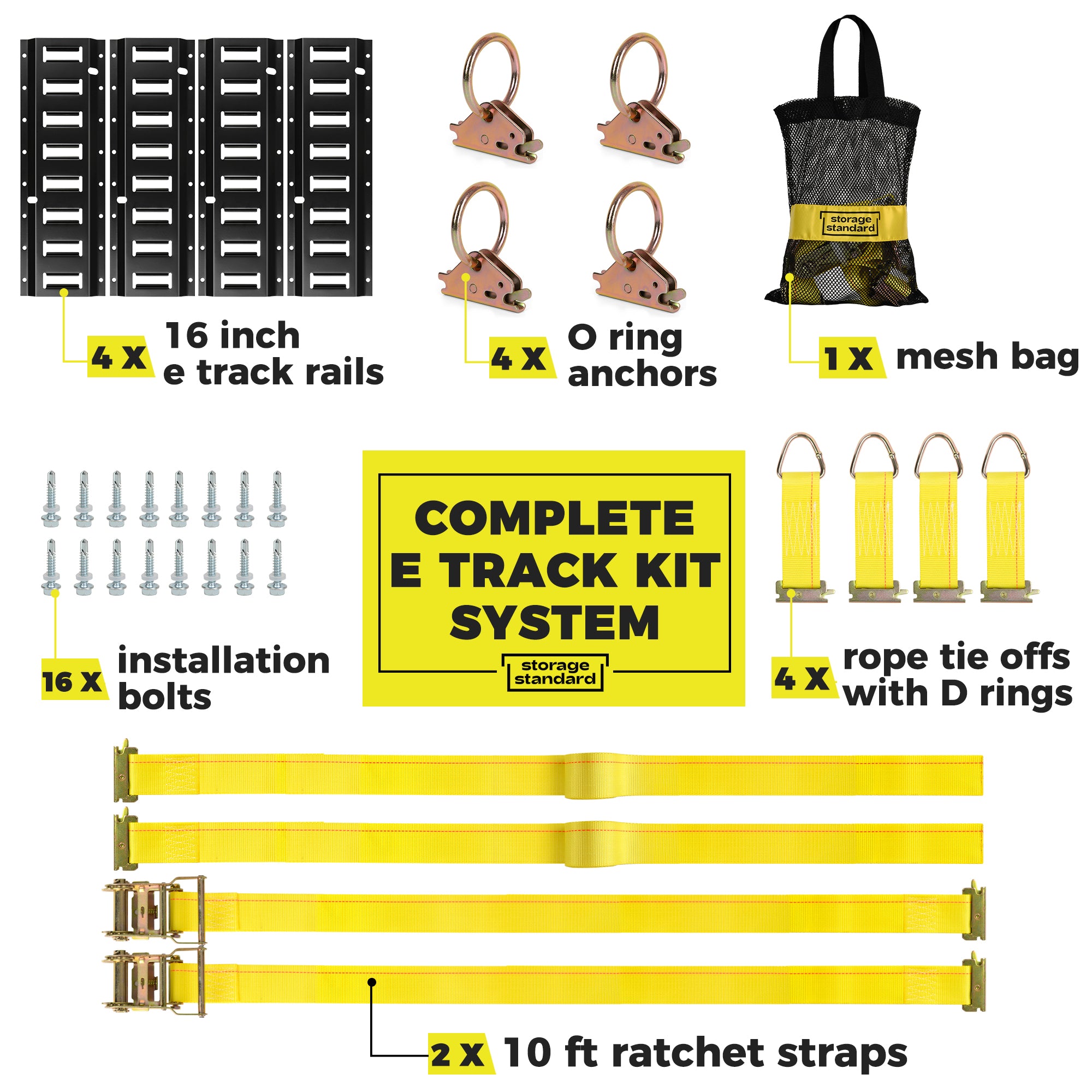 Storage Standard E Track Rail Tie-Down Kit - Trailer Tie Downs & Anchors, Cargo Control System – 4 Rails (16’’ Tracks) & E Track Accessories Kit - Enclosed Trailer Accessories & Service Truck Accessories