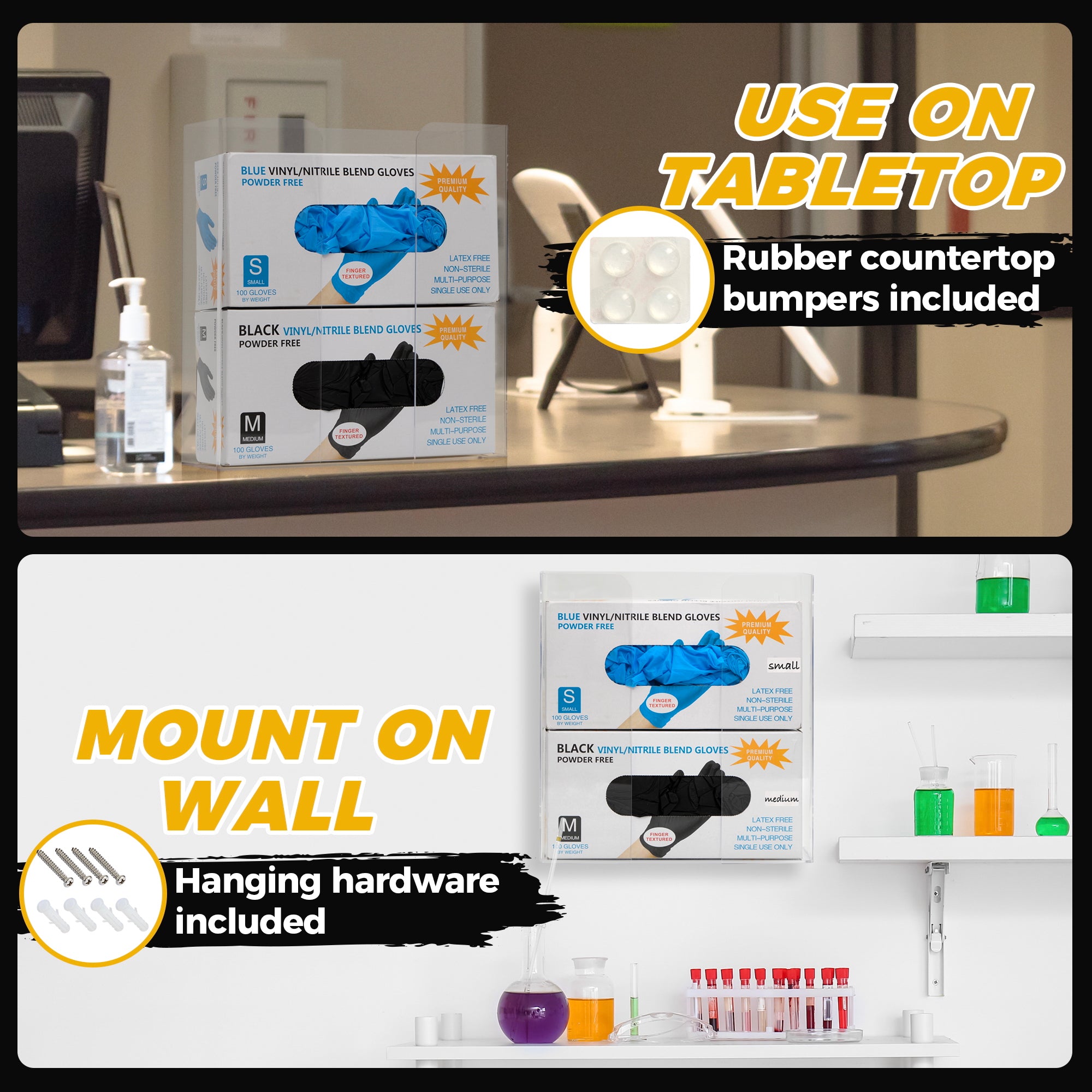 Storage Standard Double Glove Box Holder Dispenser - Kitchen, Medical, & Latex Glove Holder Wall Mount or Countertop, Universal Fit - Thick Acrylic, Easy to Use, Slide, & Load Open Top Design - Clear