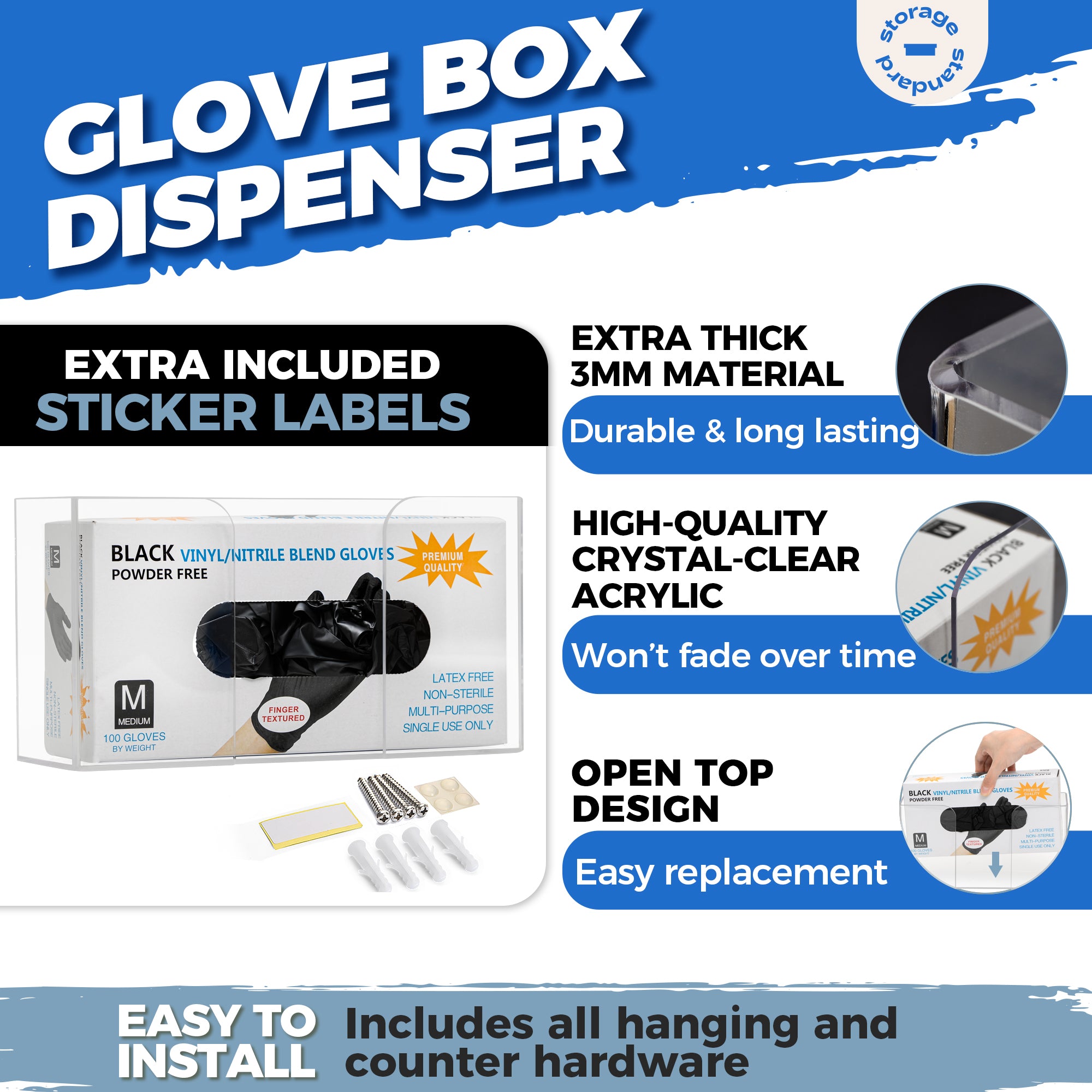 Storage Standard Glove Box Holder Dispenser - Kitchen, Medical, & Latex Glove Holder Wall Mount or Countertop, Universal Fit - Thick Acrylic, Easy to Use, Slide, & Load Open Top Design - Clear
