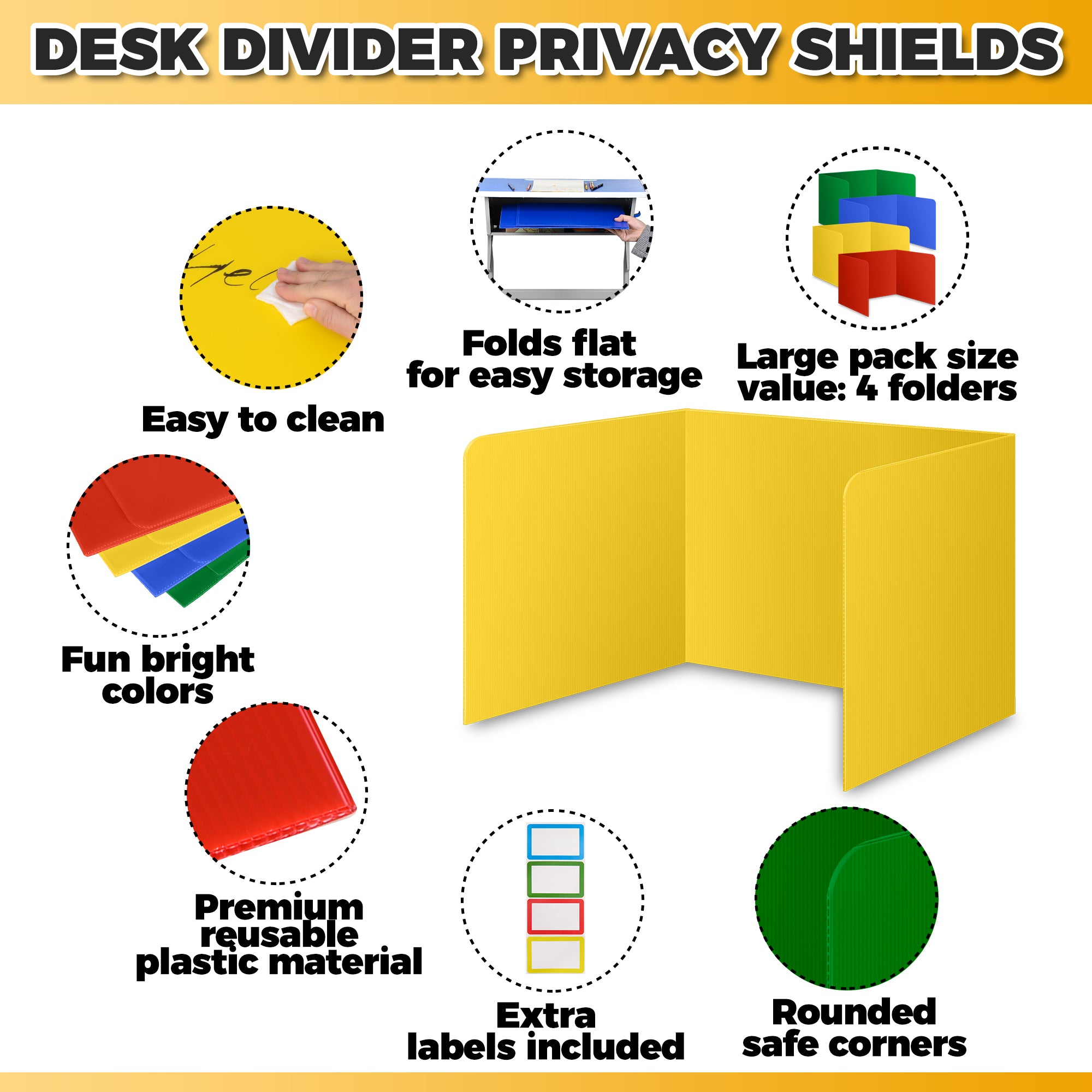 4-Pack Classroom Privacy Shields Desk Dividers for Student Desks - Assorted Colors Easy to Clean Plastic Sneeze Guard Folder Board Study Carrel - Divider Shield Classroom Materials for School Teachers