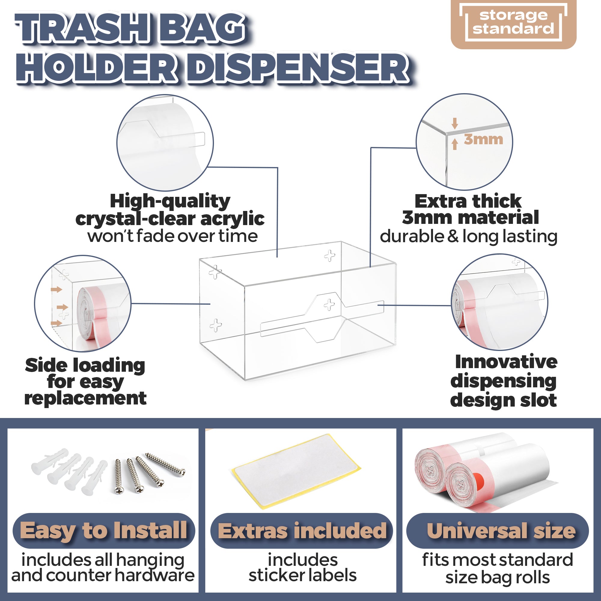 Storage Standard Trash Bag Holder Dispenser - Acrylic Trash Bag Dispenser Roll Holder, Garbage Bag Holder for Cabinet, Garbage Bag Dispenser Under Sink - Trash Bag Organizer for Home or Shops - Small