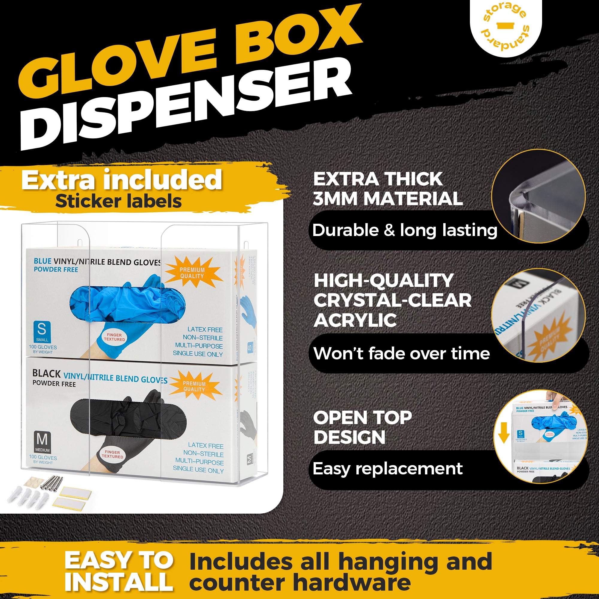 Storage Standard Double Glove Box Holder Dispenser - Kitchen, Medical, & Latex Glove Holder Wall Mount or Countertop, Universal Fit - Thick Acrylic, Easy to Use, Slide, & Load Open Top Design - Clear