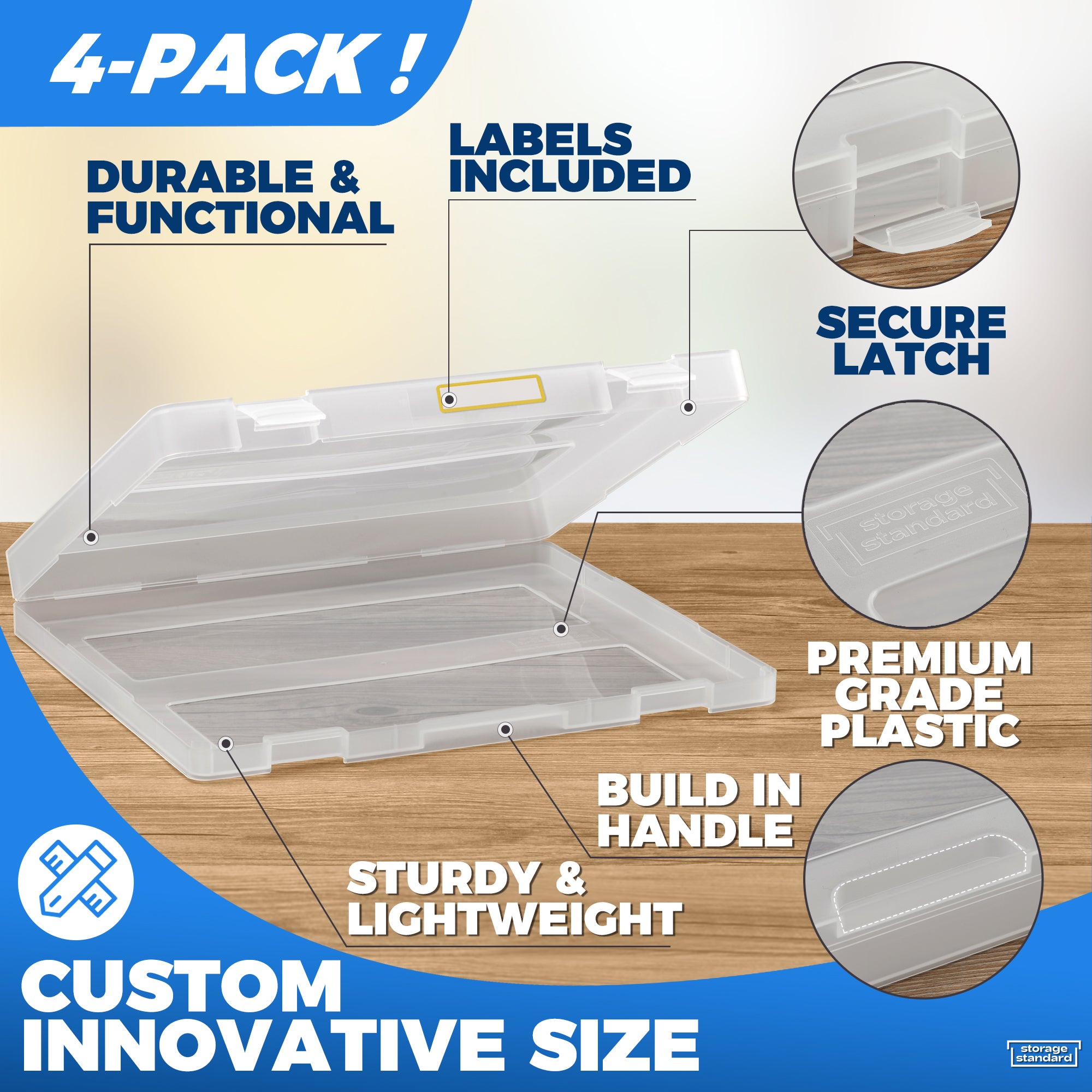 4-Pack Art and Craft Organizers and Storage Case - Semi Transparent Stackable Plastic Craft Storage Containers, Project Organizer Box Paper Organizer Custom Size Fits 8.5 x 11 Inch Papers & More, 12.4 x 10.8 x 1.7 Inches