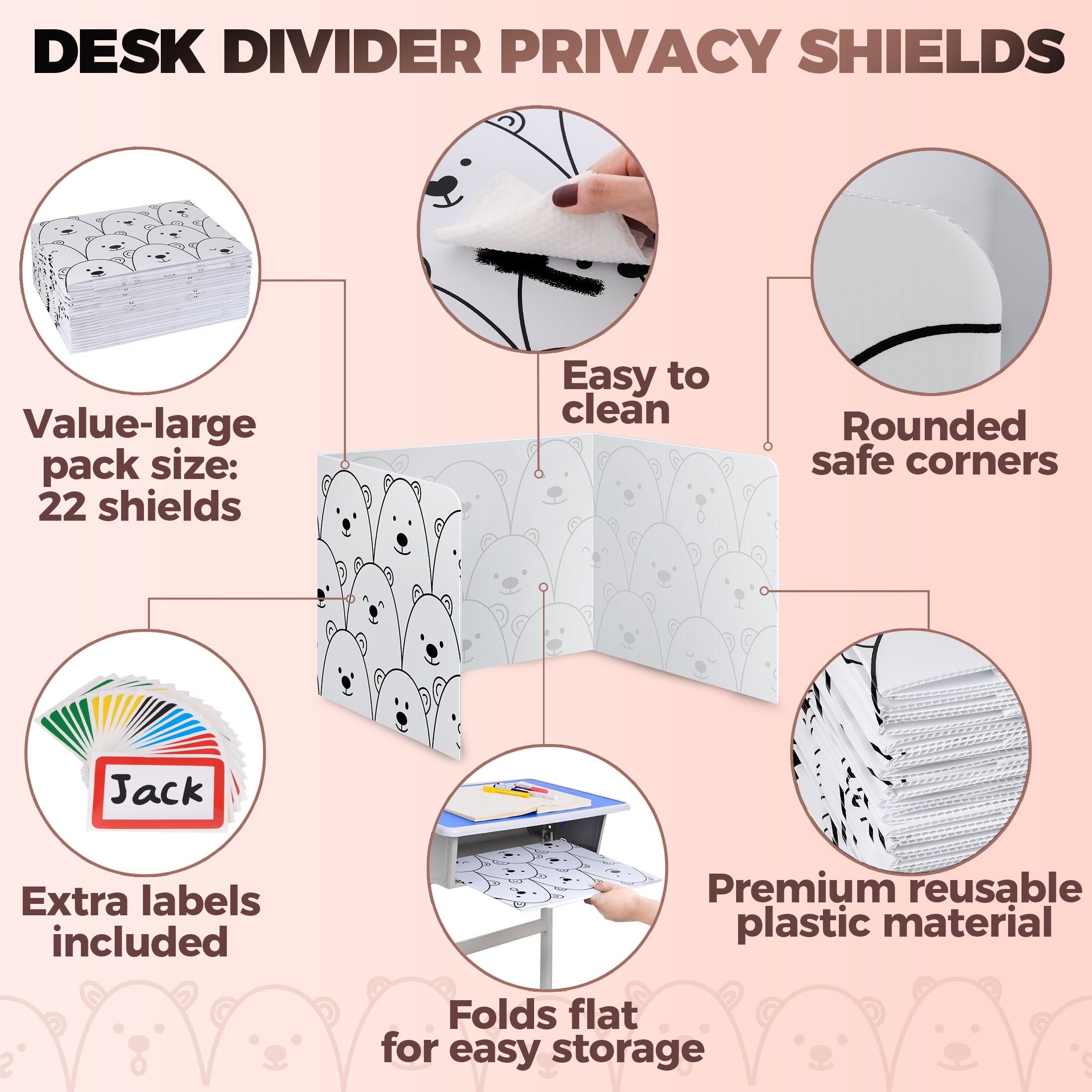 22-Pack Desk Dividers for Students - Cute Bear Design Durable & Waterproof Plastic Privacy Shield Divider, Classroom Folders Teacher Supplies, Easy-To-Clean Plastic Study Carrel Folder Boards for Student Desks