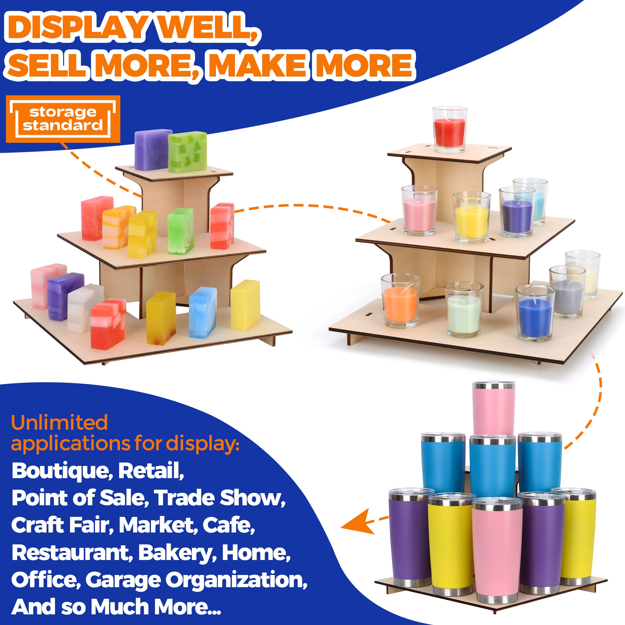 3 Tier Wooden Display Stand - Farmers Market Display Stand for Merchandise & Food, Retail Display Shelves for Retail Stores & Vendors - Corner Display Shelf, 3 Tiered Tray Stand Display Rack