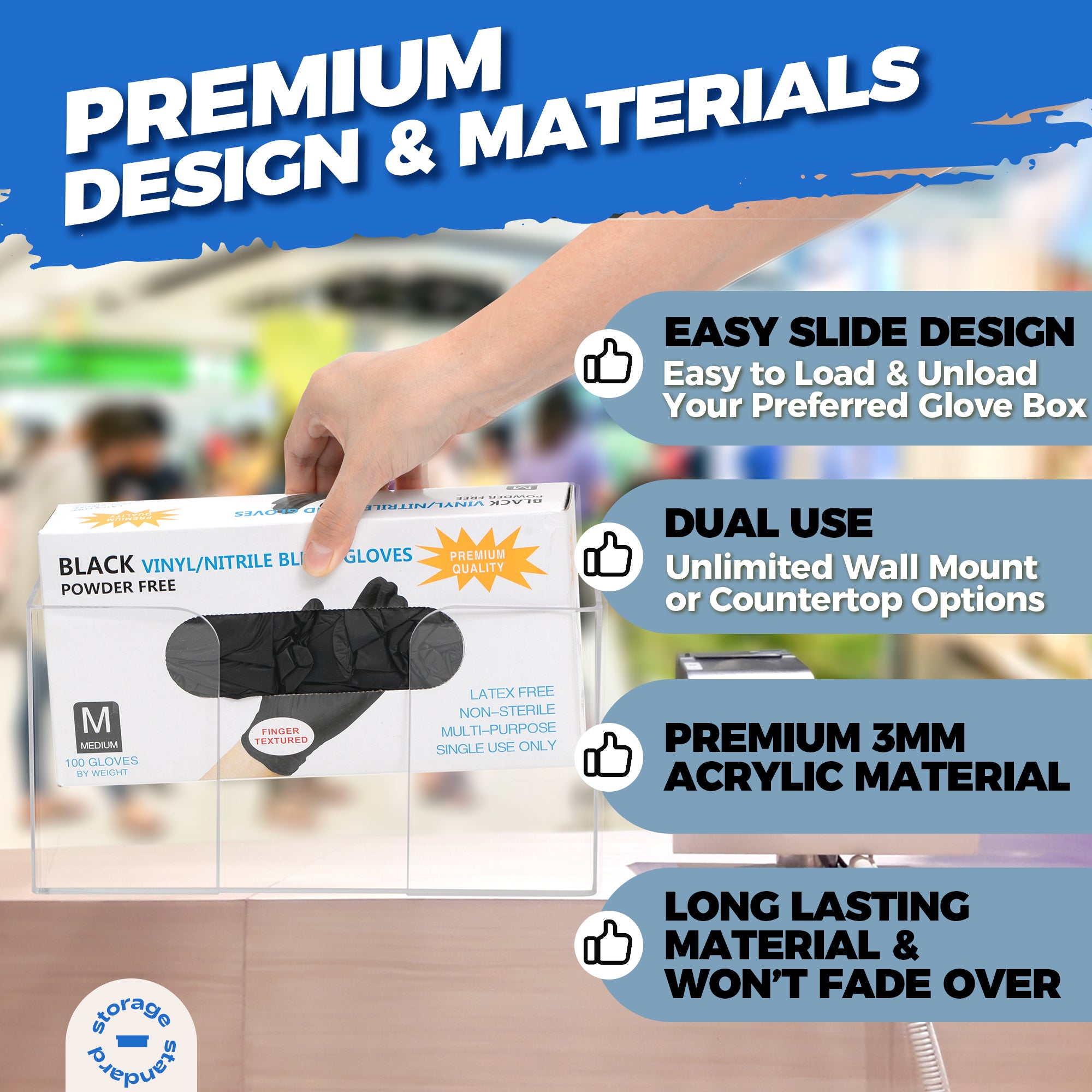 Storage Standard Glove Box Holder Dispenser - Kitchen, Medical, & Latex Glove Holder Wall Mount or Countertop, Universal Fit - Thick Acrylic, Easy to Use, Slide, & Load Open Top Design - Clear