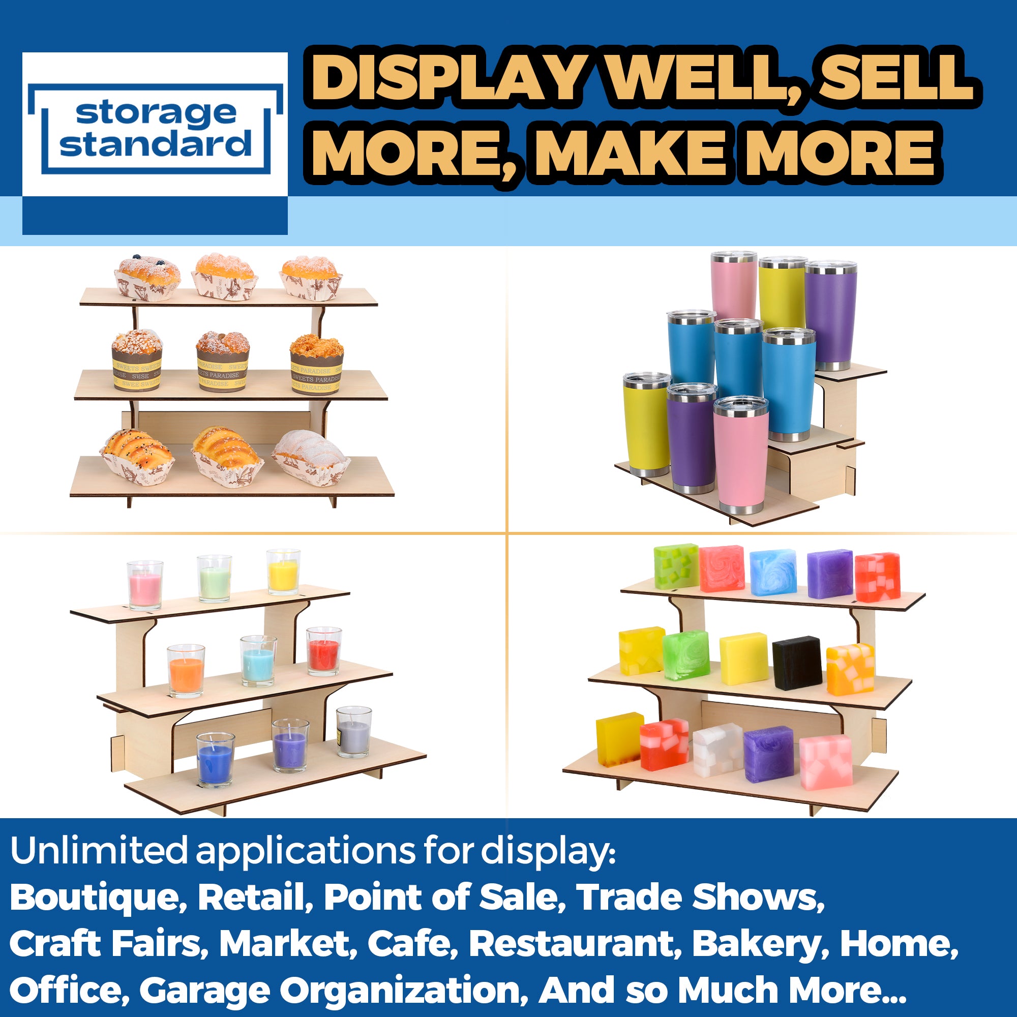 3 Tier Wooden Display Stand - Farmers Market Display Shelf for Food & Merchandise, Retail Display Shelves for Retail Stores & Vendors - Straight Tiered Table Display Tower Stand, 16 x 12 x 9 Inches