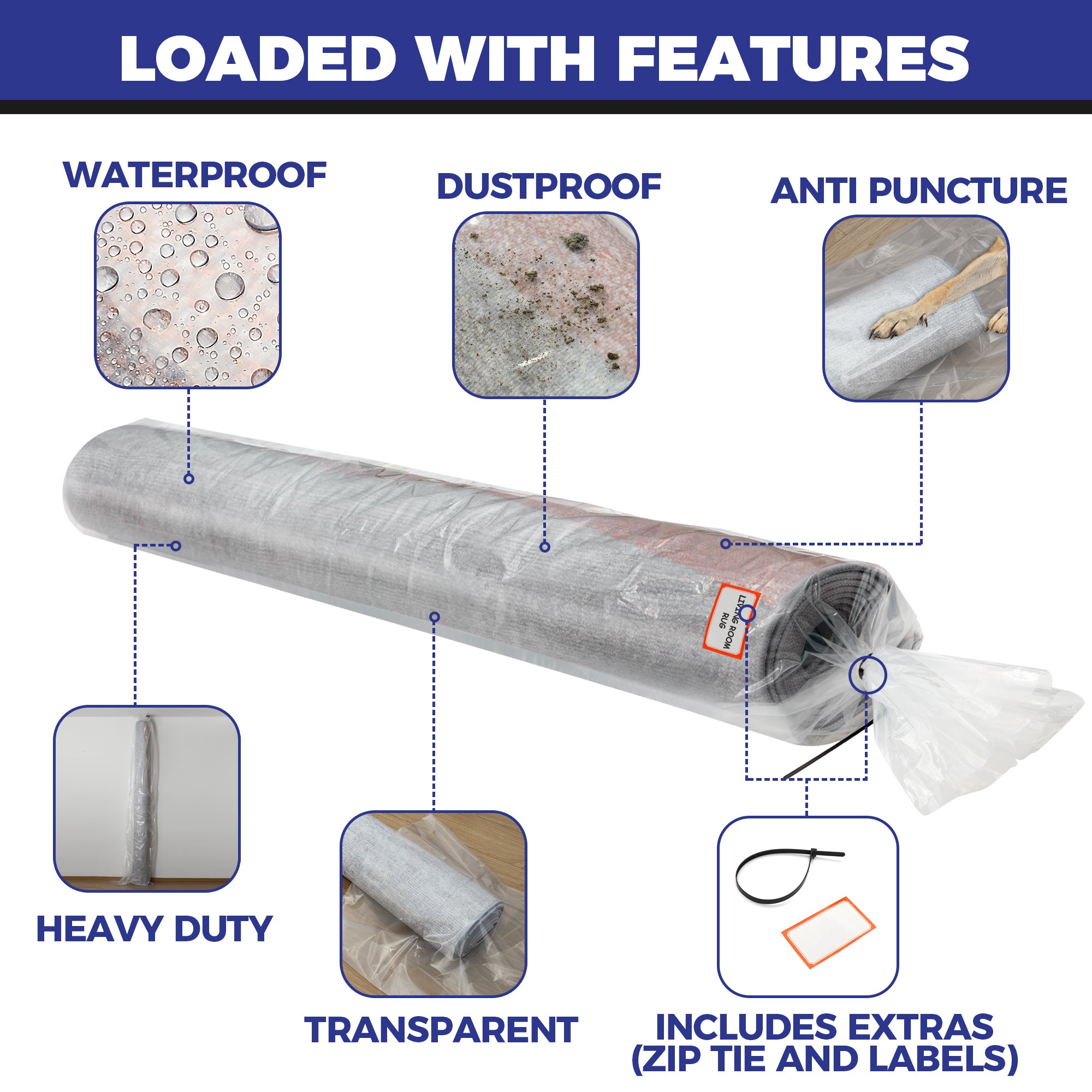 Heavy Duty Rug Storage Bag - Reusable Rug Shipping Bag, Waterproof Plastic Rug Cover - Fits Rolled Carpet Up to 9 Feet x 12 Feet, 4 Mil Thick Tear Proof Plastic Storage Bag - 1 Clear Bag, 130 Inches x 26 Inches