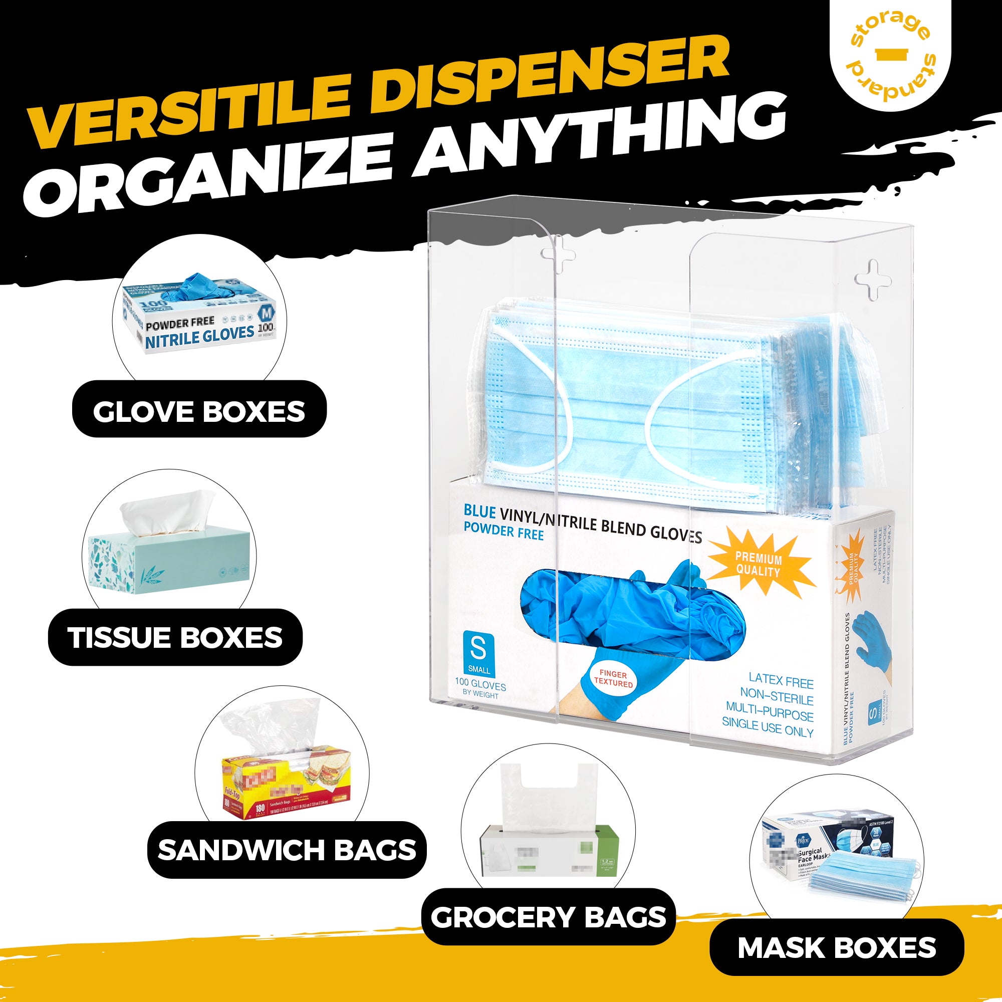 Storage Standard Double Glove Box Holder Dispenser - Kitchen, Medical, & Latex Glove Holder Wall Mount or Countertop, Universal Fit - Thick Acrylic, Easy to Use, Slide, & Load Open Top Design - Clear