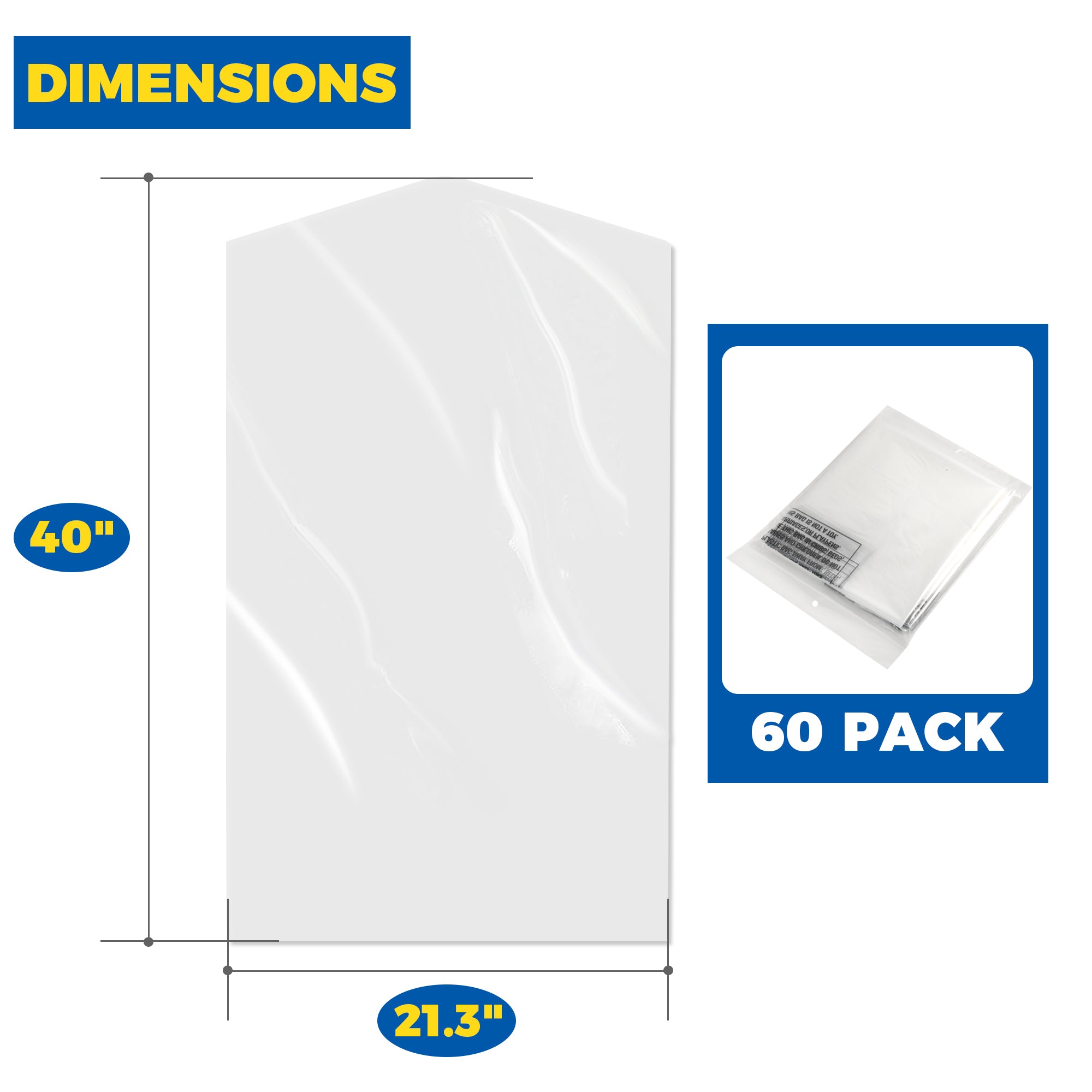 60-Pack Dry Cleaning Bags for Clothes 40-Inch Long - Clear Plastic Garment Bags for Hanging Clothes, Dry Cleaner Plastic Clothing Cover for Suits, Coat, Shirt, & Pants