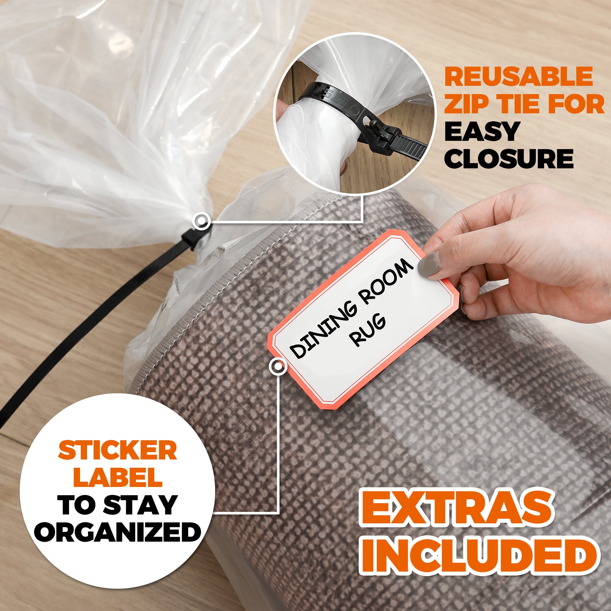 Heavy Duty Rug Storage Bag - Reusable Rug Shipping Bag, Waterproof Plastic Rug Cover - Fits Rolled Carpet Up to 6 Feet x 9 Feet, 4 Mil Thick Tear Proof Plastic Storage Bag - 1 Clear Bag, 92 Inches x 20 Inches