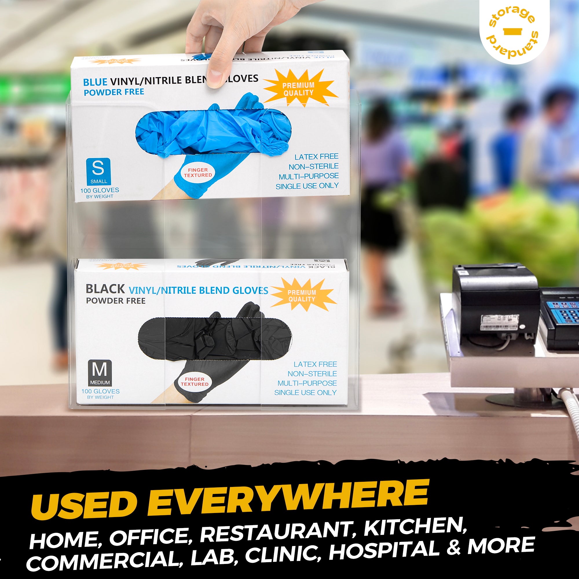 Storage Standard Double Glove Box Holder Dispenser - Kitchen, Medical, & Latex Glove Holder Wall Mount or Countertop, Universal Fit - Thick Acrylic, Easy to Use, Slide, & Load Open Top Design - Clear