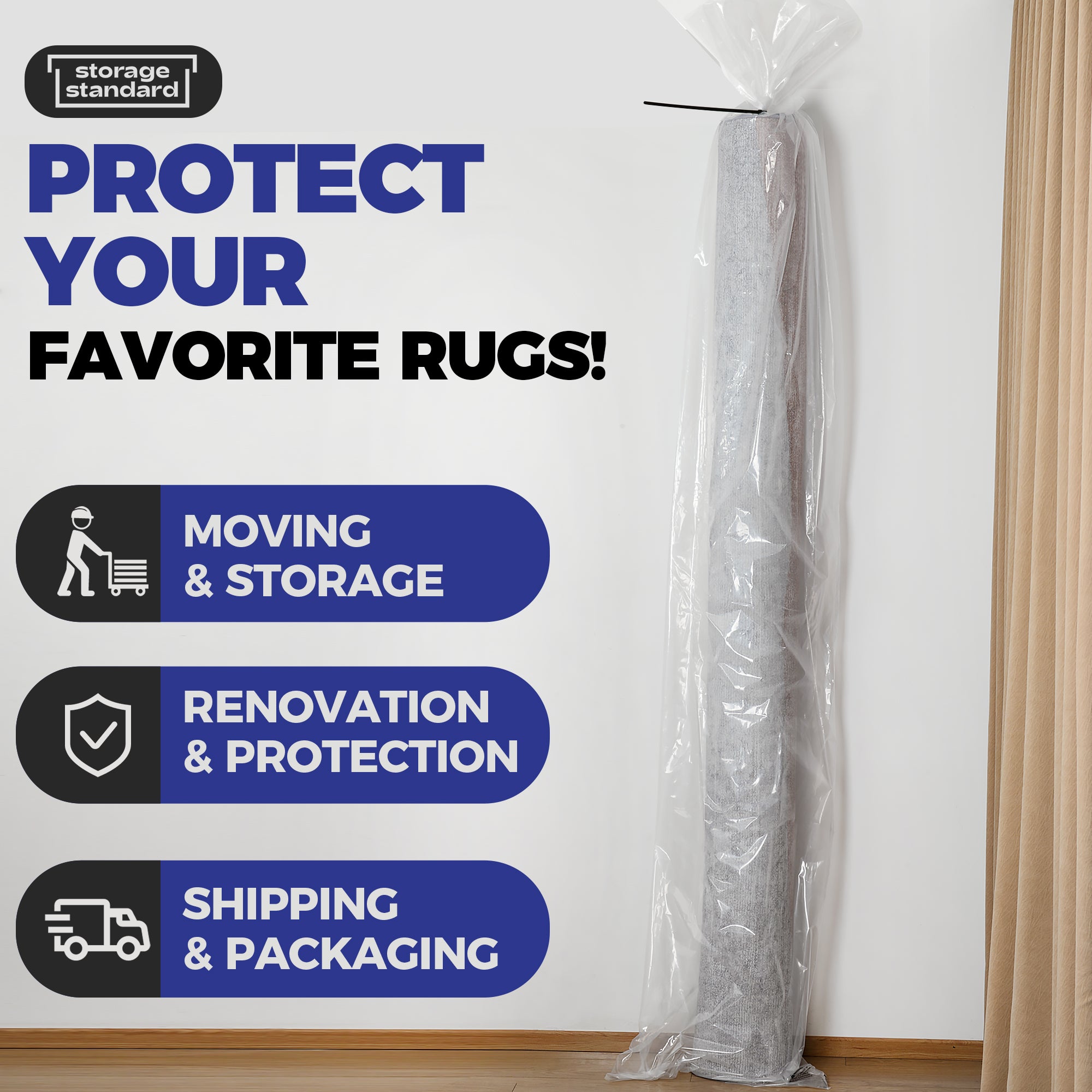 Heavy Duty Rug Storage Bag - Reusable Rug Shipping Bag, Waterproof Plastic Rug Cover - Fits Rolled Carpet Up to 9 Feet x 12 Feet, 4 Mil Thick Tear Proof Plastic Storage Bag - 1 Clear Bag, 130 Inches x 26 Inches