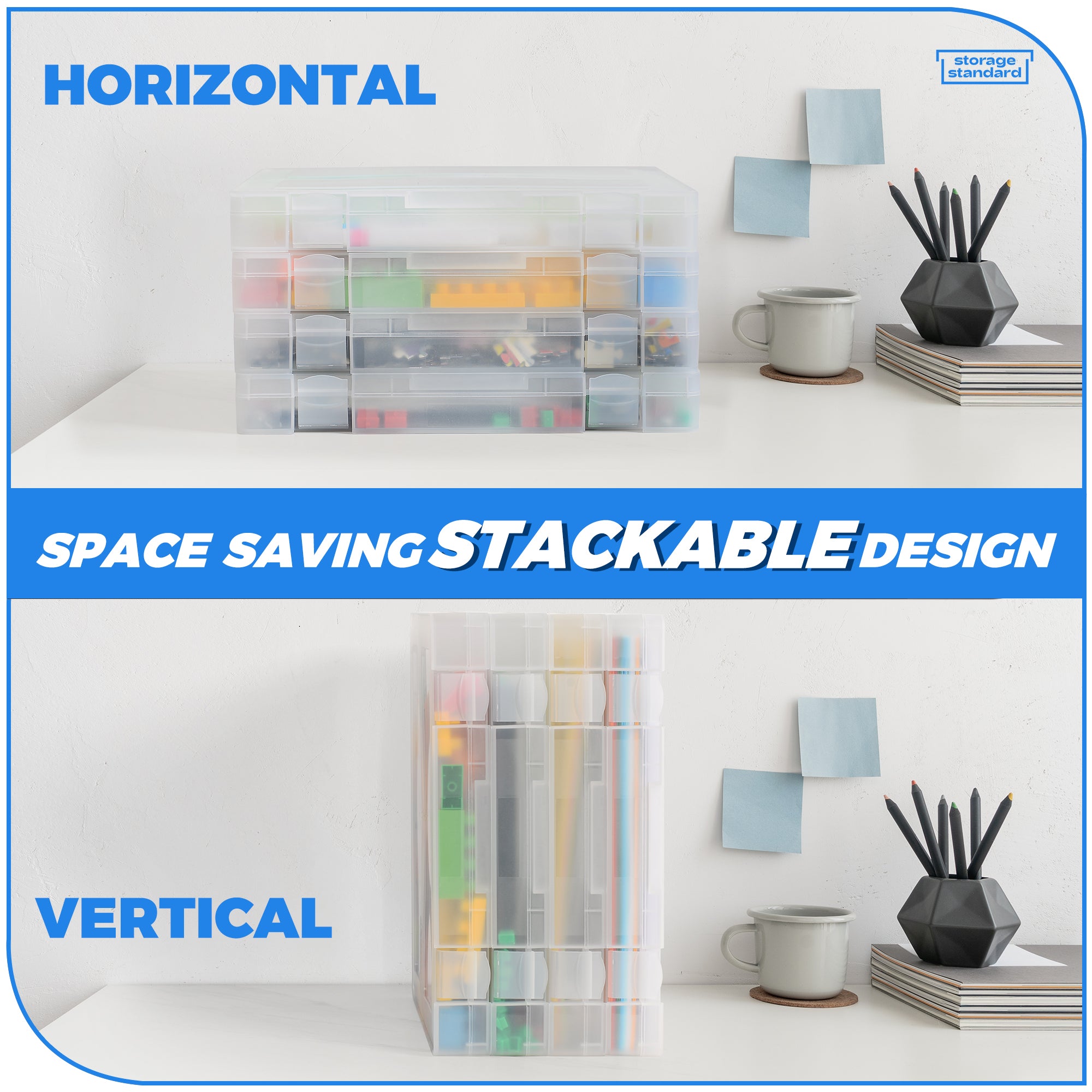 4-Pack Art and Craft Organizers and Storage Case - Semi Transparent Stackable Plastic Craft Storage Containers, Project Organizer Box Paper Organizer Custom Size Fits 8.5 x 11 Inch Papers & More, 12.4 x 10.8 x 1.7 Inches