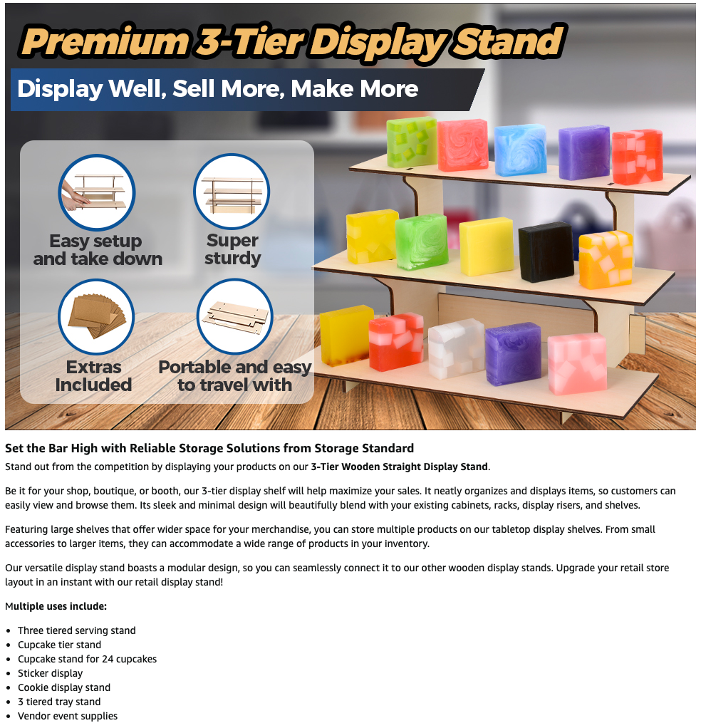 3 Tier Wooden Display Stand - Farmers Market Display Shelf for Food & Merchandise, Retail Display Shelves for Retail Stores & Vendors - Straight Tiered Table Display Tower Stand, 16 x 12 x 9 Inches