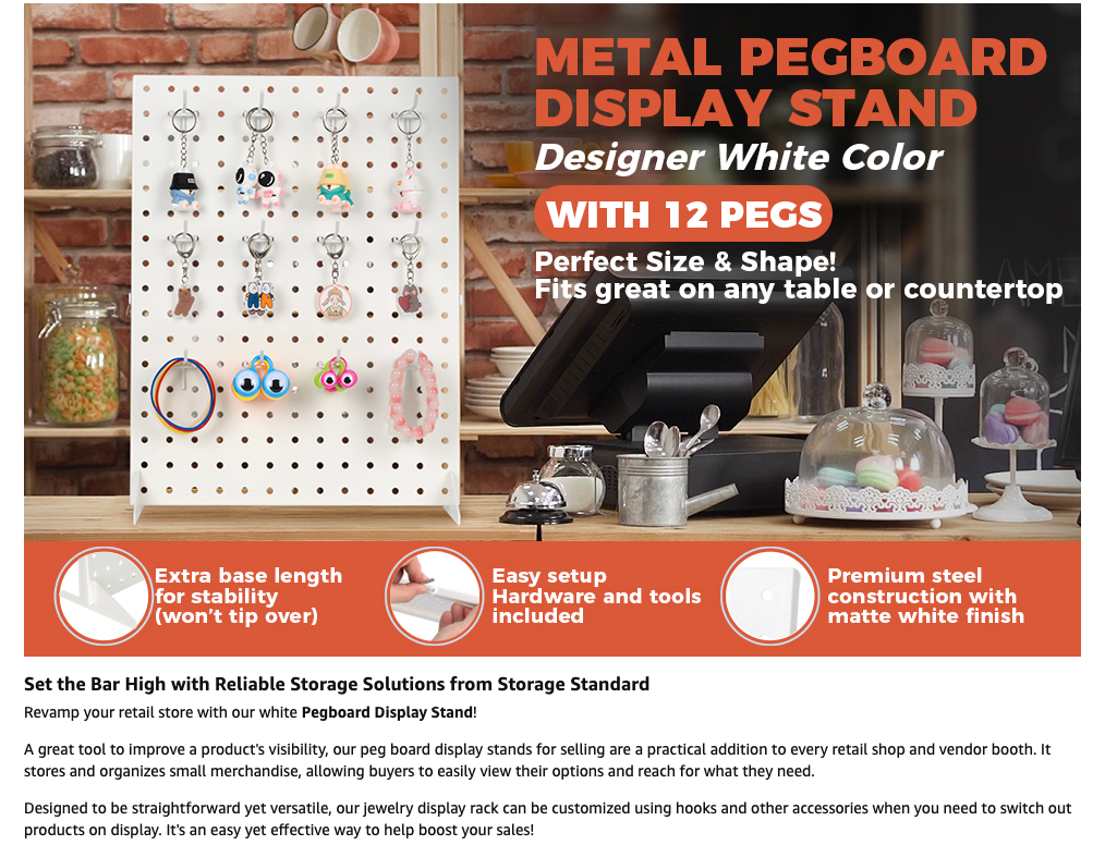 Peg Board Display Stand With 12 Hooks - White Metal Jewelry Retail Pegboard Racks for Craft Shows, Fairs and Selling Earrings - Sturdy Rack Stands for Retail Stores, Vendors & Events, 17 x 13