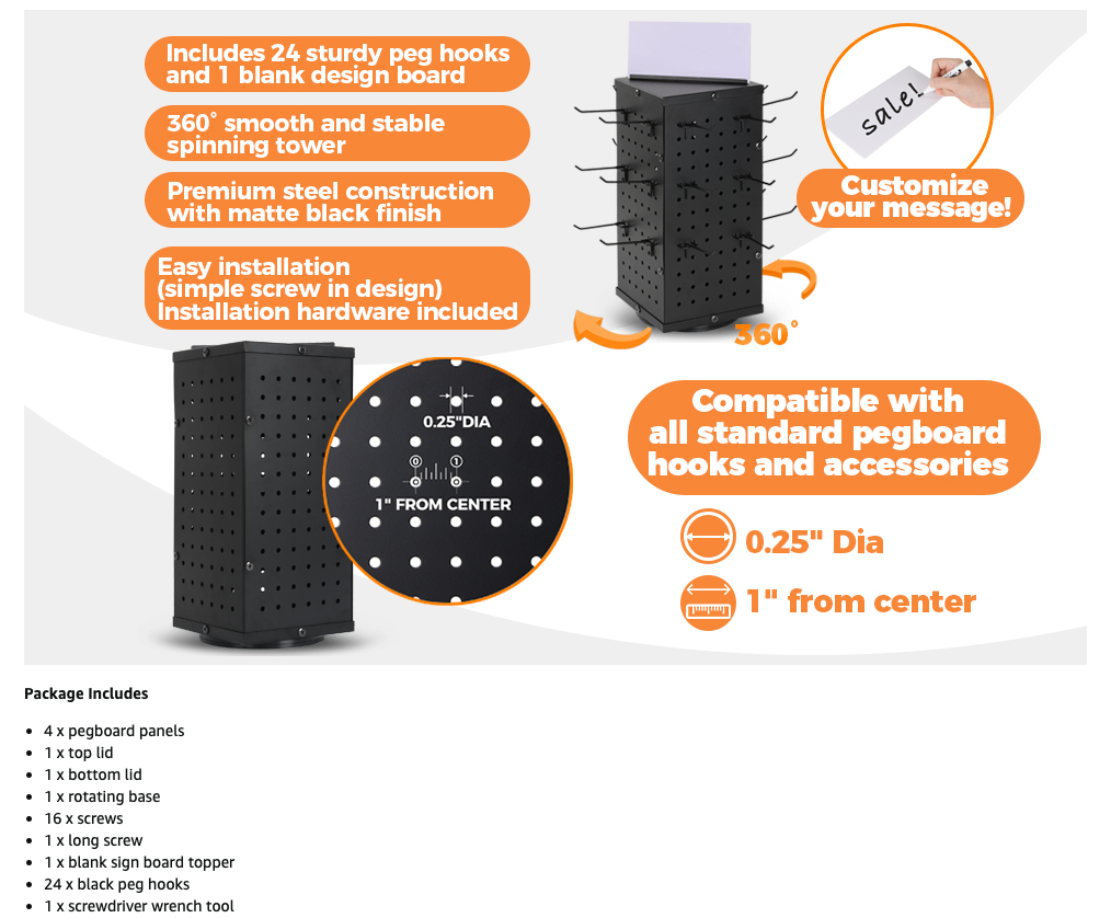 Rotating Pegboard Display Stand With 24 Hooks - Metal Spinning Peg Board Displays, Display Stands for Retail, Vendors, Selling & Shows - 4-Sided Craft Rack Organizer for Products, Accessories, Jewelry