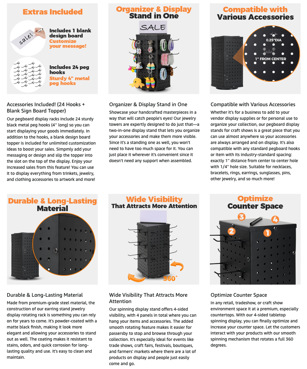 Rotating Pegboard Display Stand With 24 Hooks - Metal Spinning Peg Board Displays, Display Stands for Retail, Vendors, Selling & Shows - 4-Sided Craft Rack Organizer for Products, Accessories, Jewelry