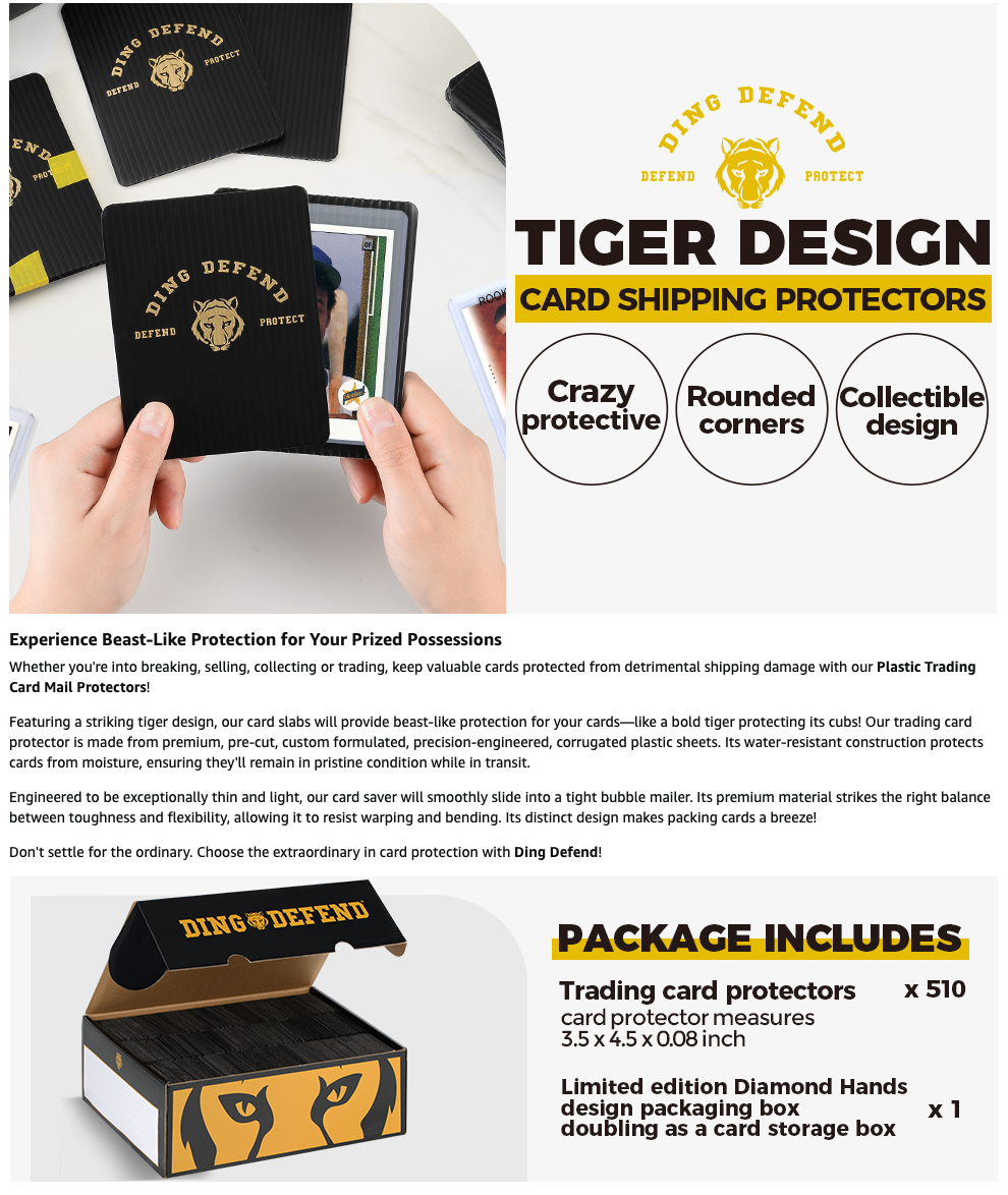 510 pack Ding Defend Trading Card Shipping Protectors Hard Plastic Card Slab - Tiger Design Card Guard for Collectible Cards, Card Mailing Supplies & Hobby Supplies - 3.5 x 4.5 Inches, Corrugated Packaging Pads