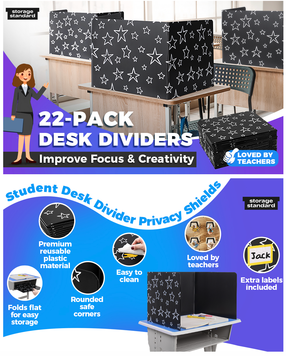 22-Pack Desk Dividers for Students - Star Design Durable & Waterproof Plastic Study Carrel Divider, Classroom Folders Teacher Supplies, Easy-To-Clean Plastic Privacy Shield Folder Boards for Student Desks