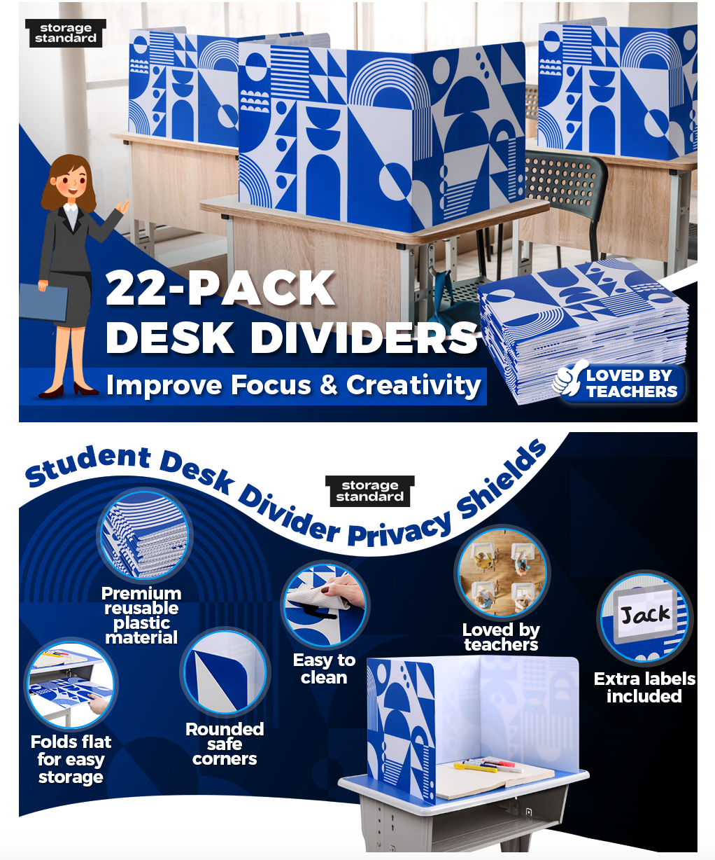 22-Pack Desk Dividers for Students - Geo Design Durable & Waterproof Plastic Privacy Shield Divider, Classroom Folders Teacher Supplies, Easy-To-Clean Plastic Study Carrel Folder Boards for Student Desks