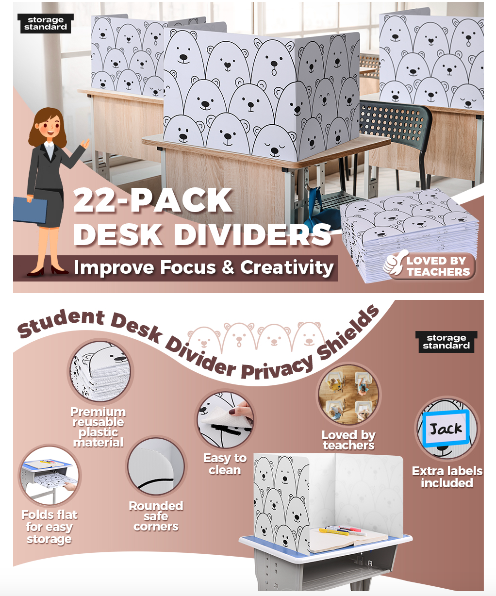 22-Pack Desk Dividers for Students - Cute Bear Design Durable & Waterproof Plastic Privacy Shield Divider, Classroom Folders Teacher Supplies, Easy-To-Clean Plastic Study Carrel Folder Boards for Student Desks