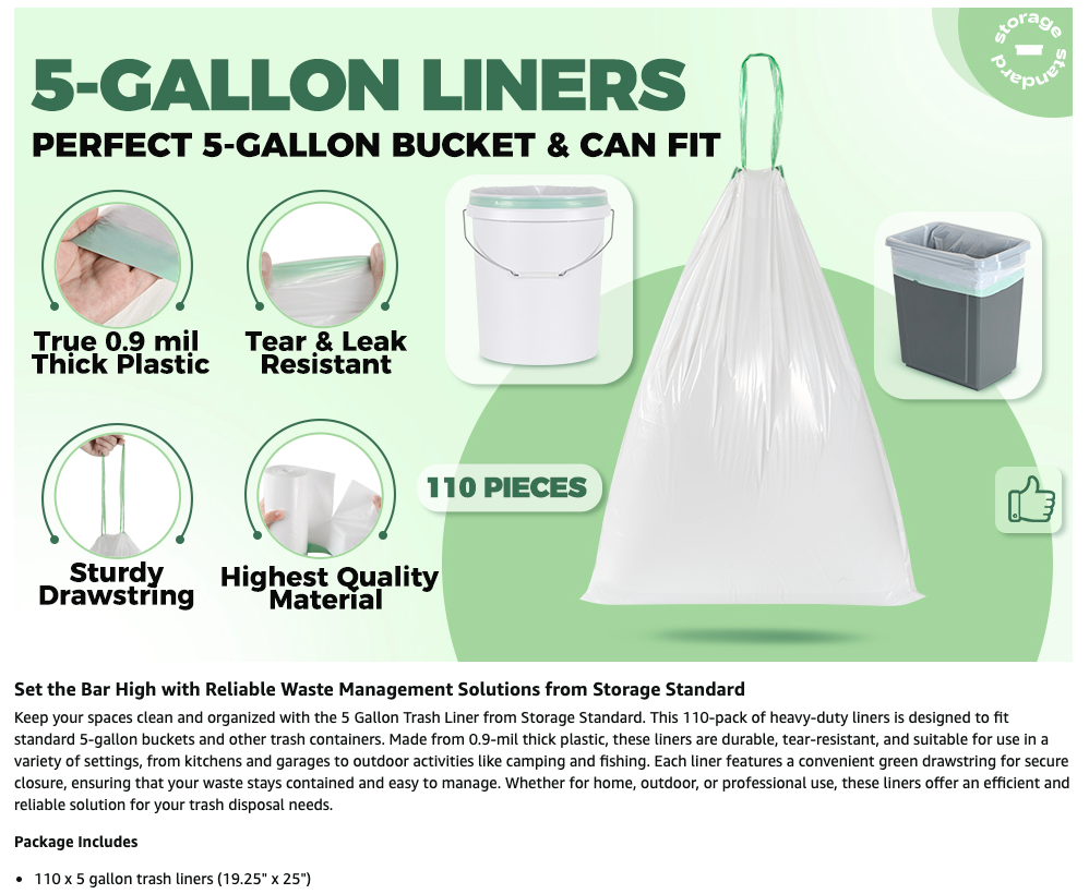 Storage Standard 110-Pack 5 Gallon Trash Bags Drawstring – Fits Five Gallon Buckets - White Small Garbage Bags for Bathroom Can, Leak-Resistant & Heavy-Duty 0.9 Mil Thick Plastic Small Trash Can Liners