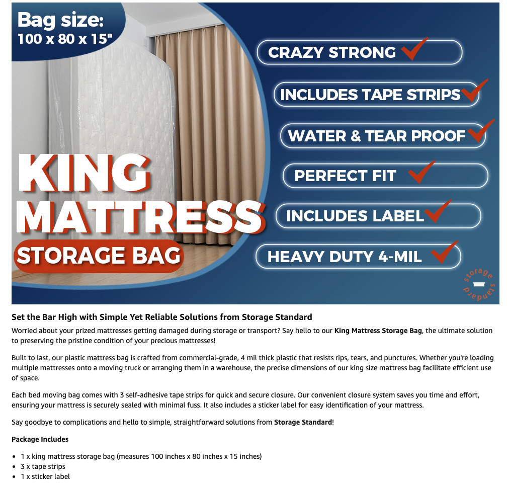 King Mattress Bags for Moving & Storage – Heavy Duty Thick 4mil Reusable Mattress Storage Bag, Waterproof Plastic Mattress Cover for Moving - Fits King Size Bed - 1 Clear Bag, 100 x 80 x 15 Inches